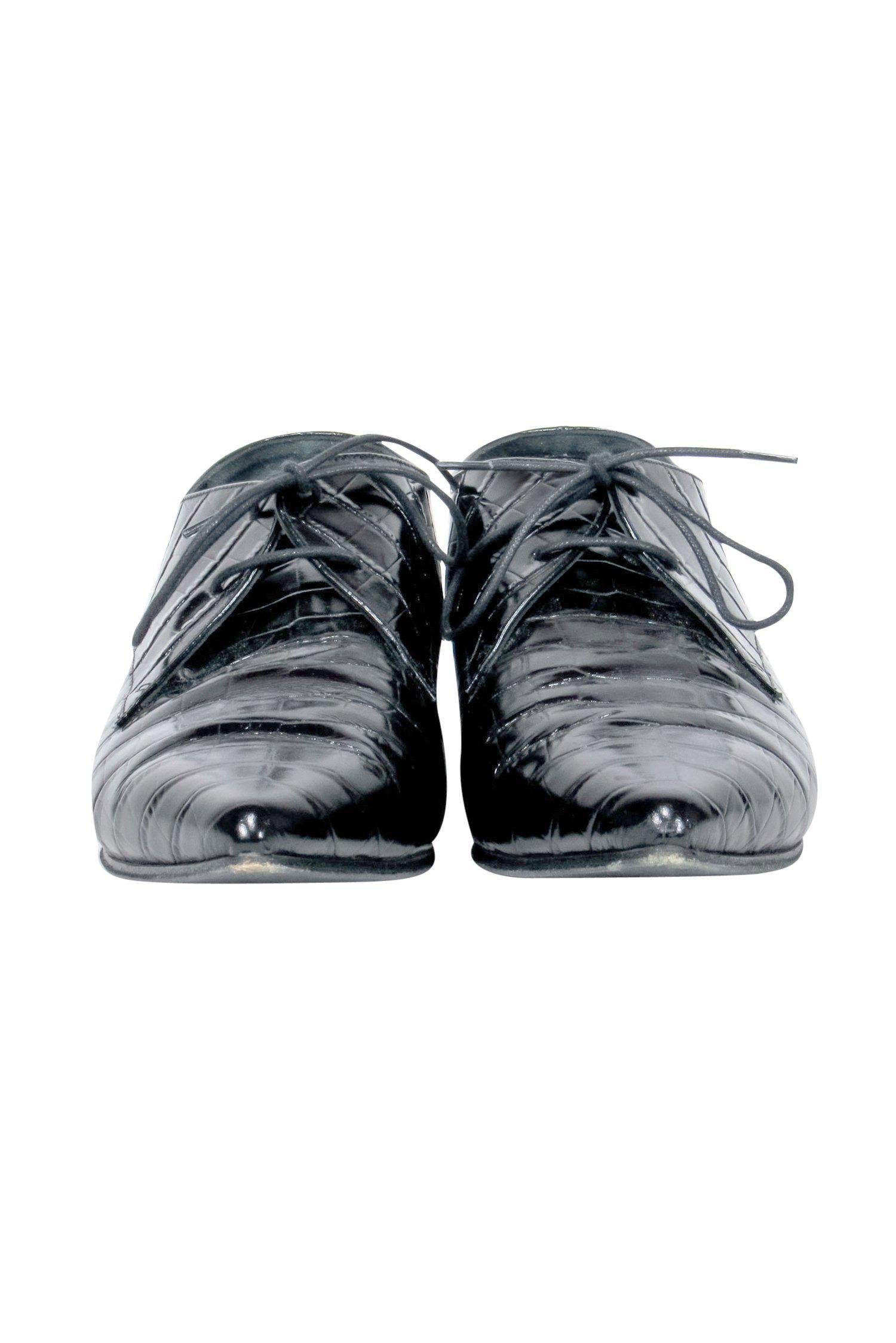 Alumnae Black Crocodile Embossed Patent Leather Pointed Toe Heel Loafers - Size 8.5