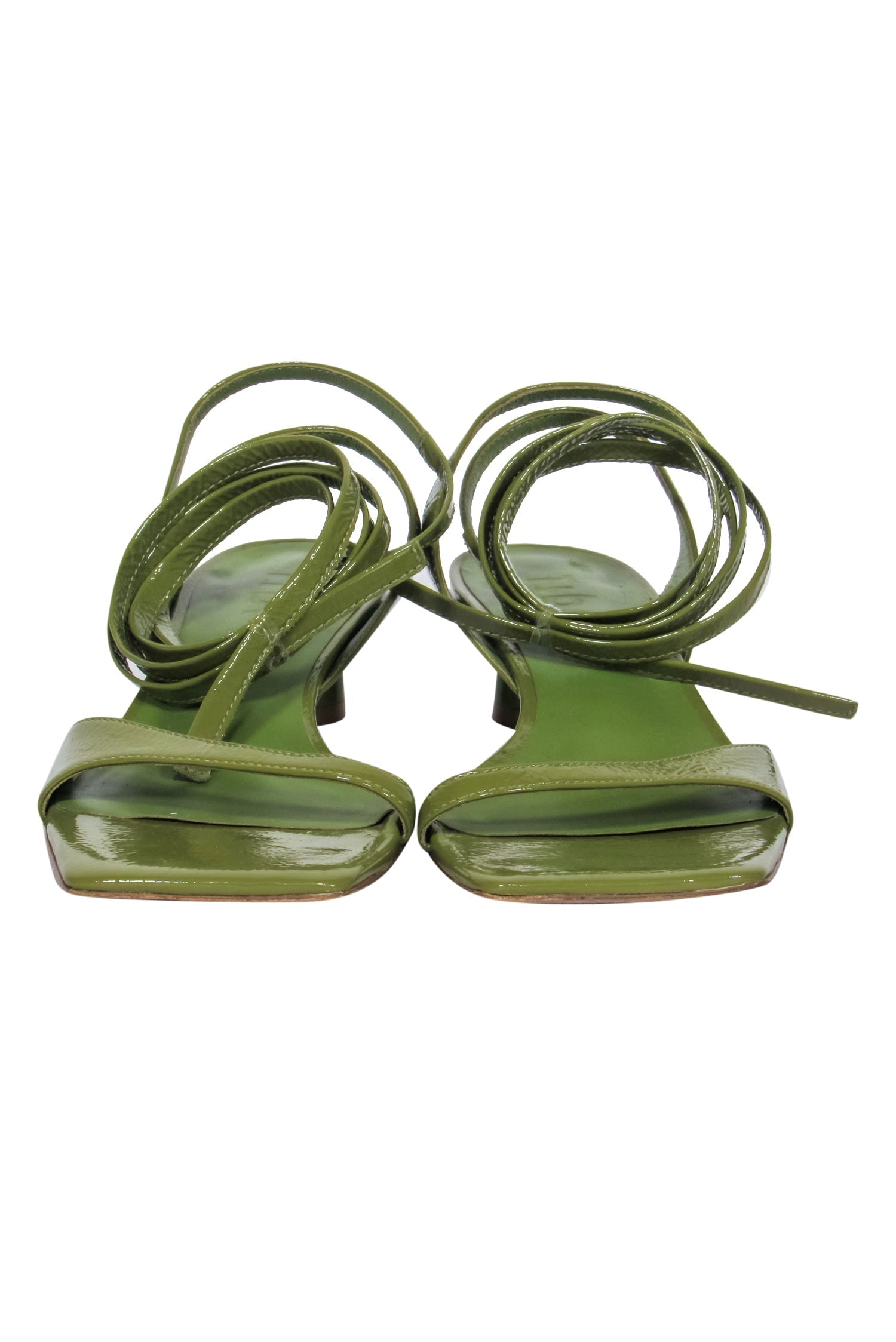 Tibi Avocado Green Patent Leather Strappy Square Toe Heeled Sandals - Size 7.5