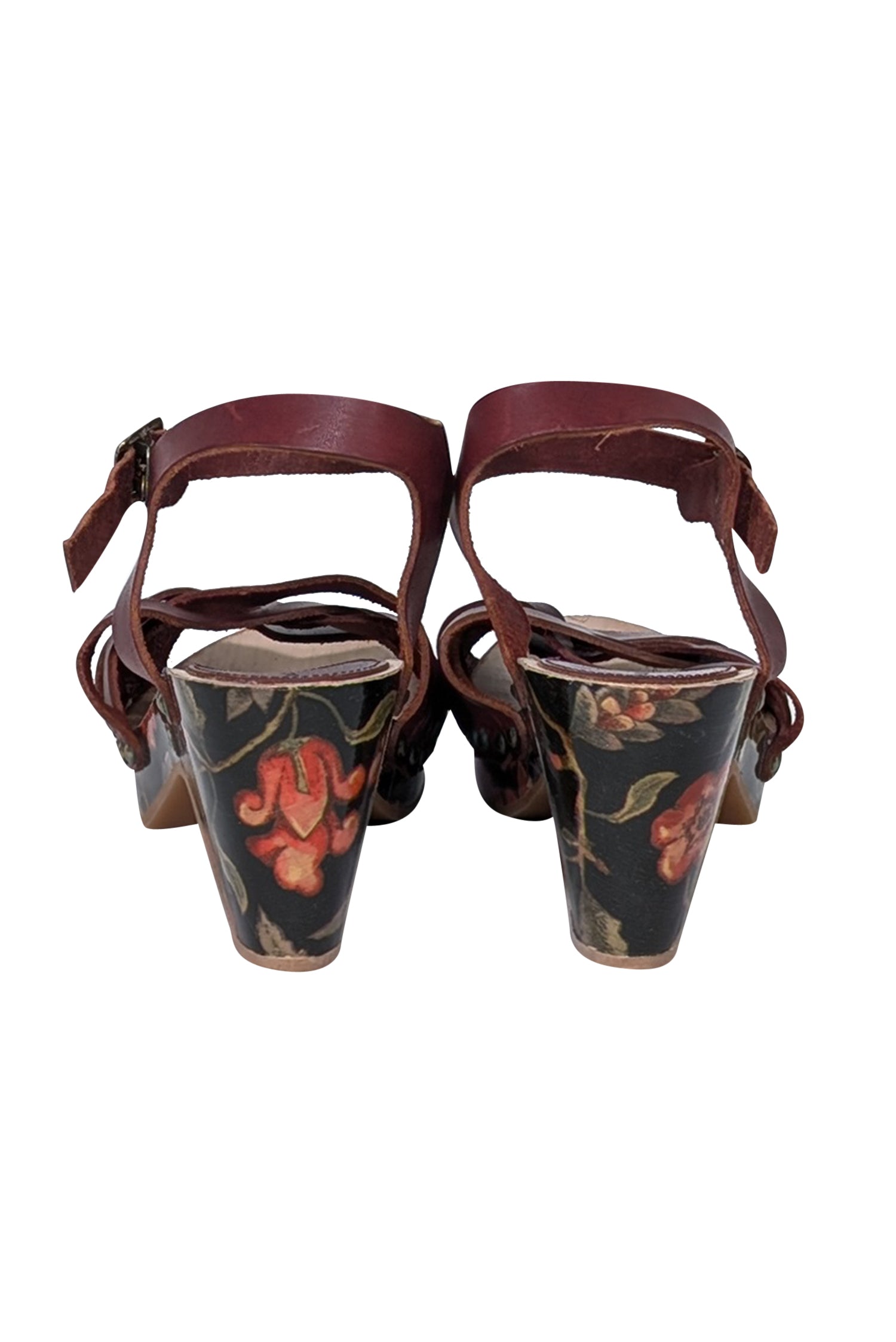 Isabel Marant's Stunning Maroon Floral Print Wooden Strappy Sandals - Size 9