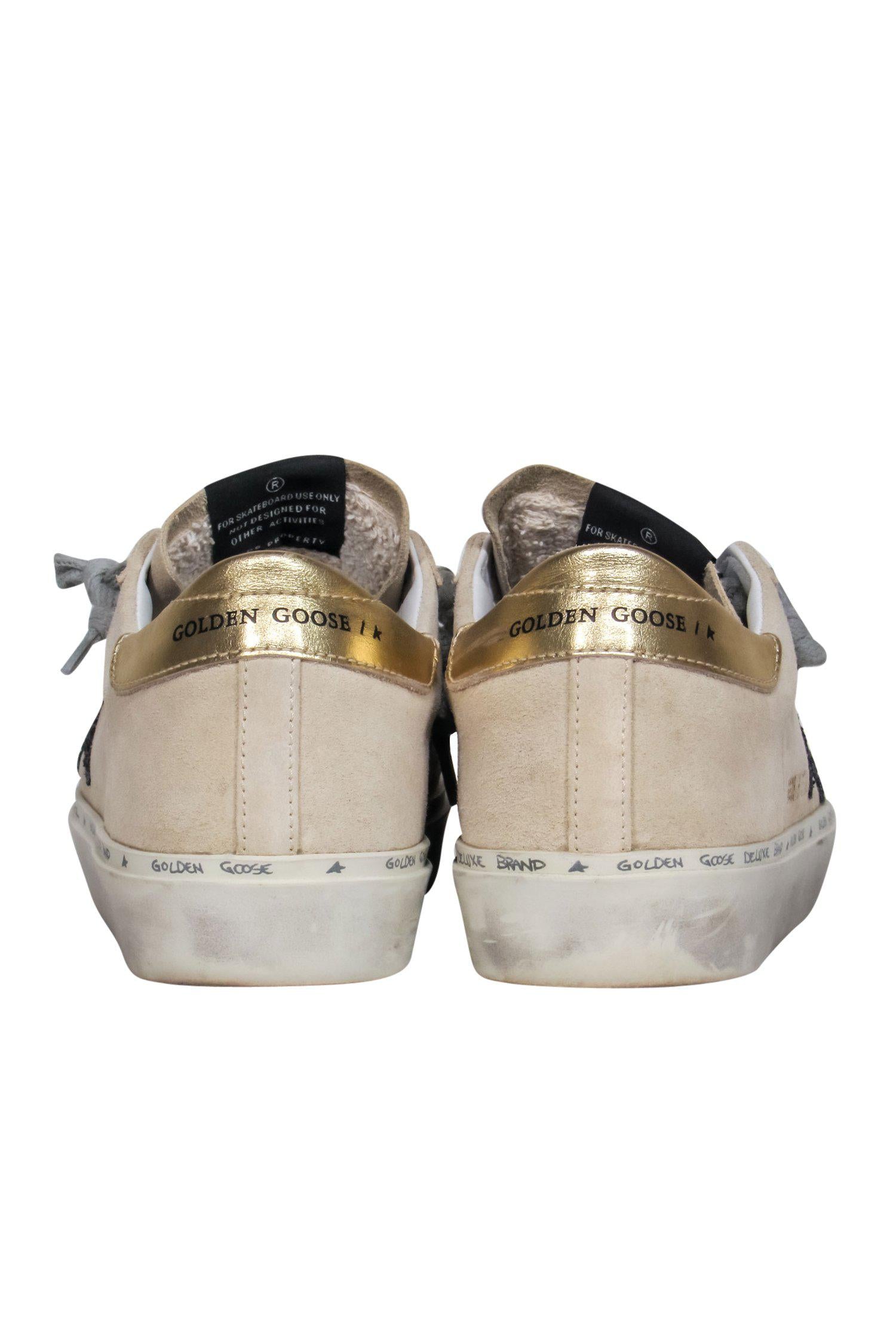 Golden Goose - Stunning Beige Suede Lace - Up Distressed Hi Star Sneakers with Sparkly Star Design, Size 8