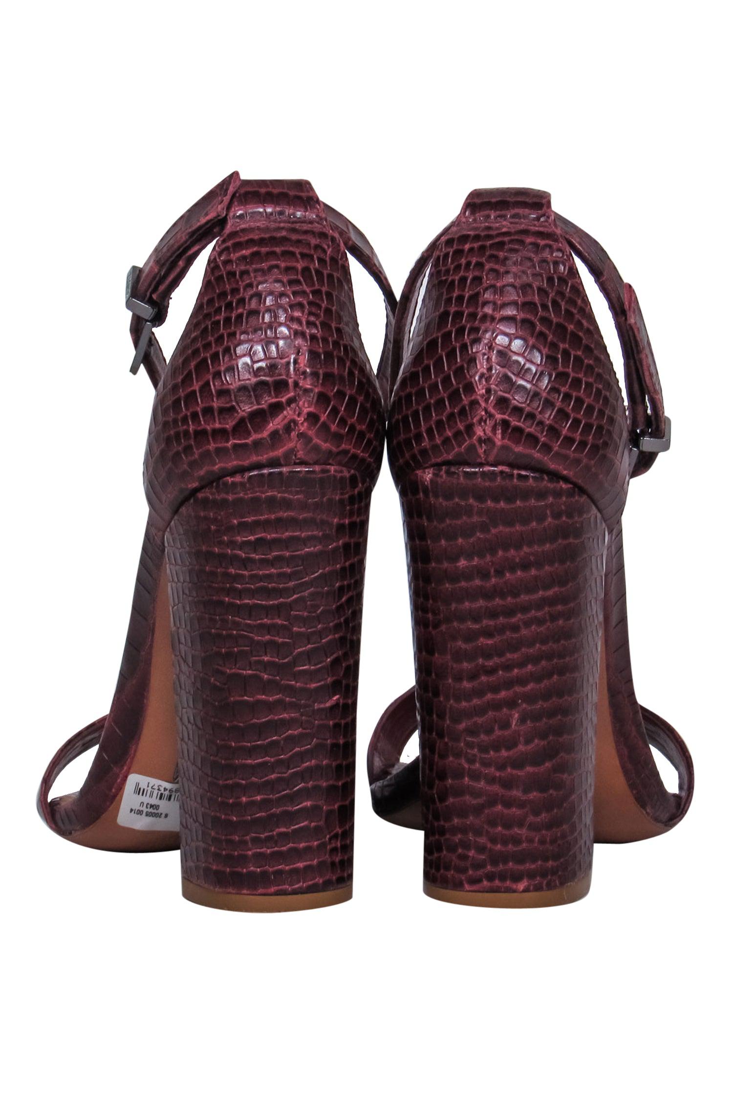 Schutz Burgundy Crocodile-Embossed Block Heel Sandals - Size 7.5: Elevate Your Style!