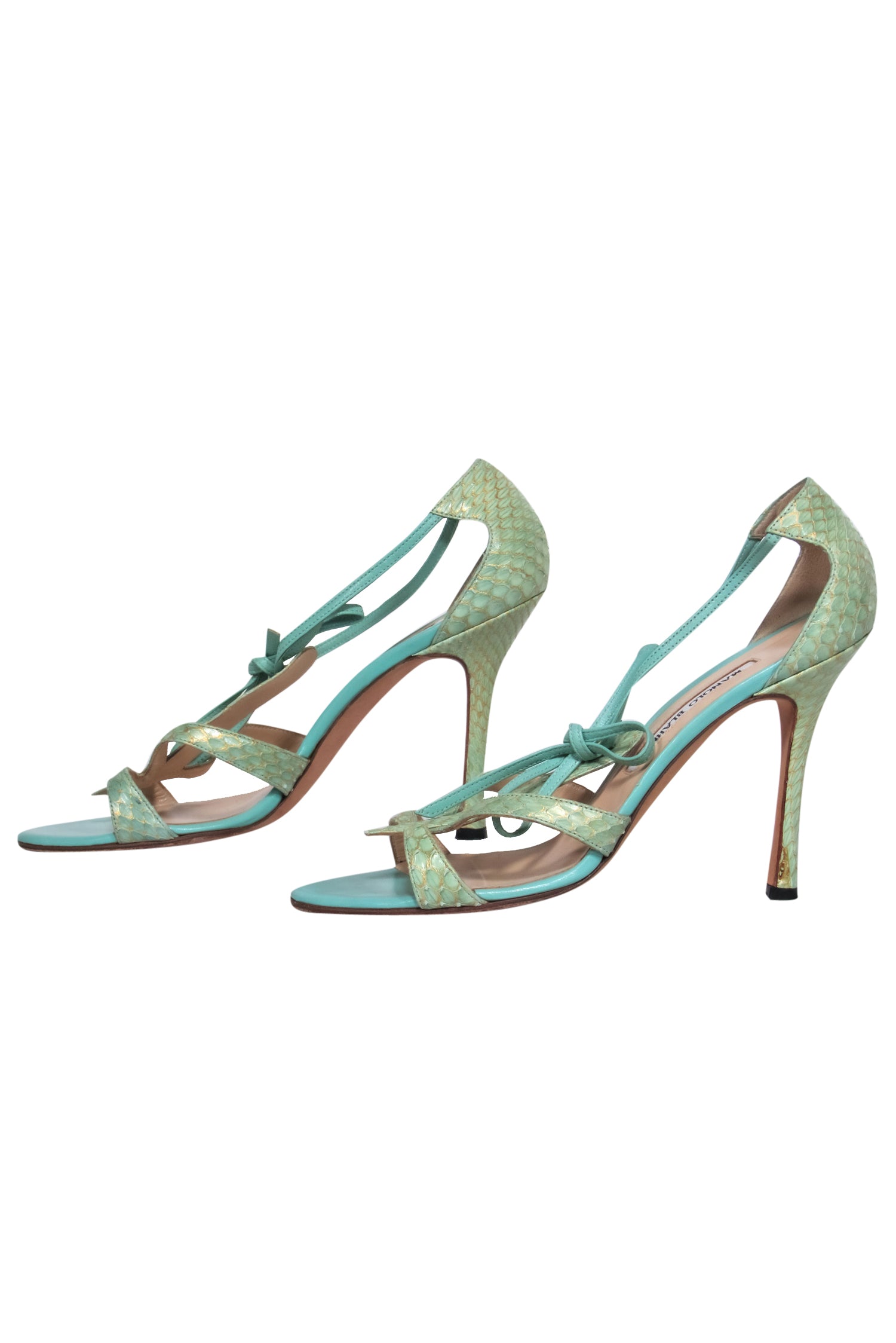 Manolo Blahnik Turquoise & Gold Snakeskin Strappy Pumps - Size 8.5, Irresistible for Fashionistas!