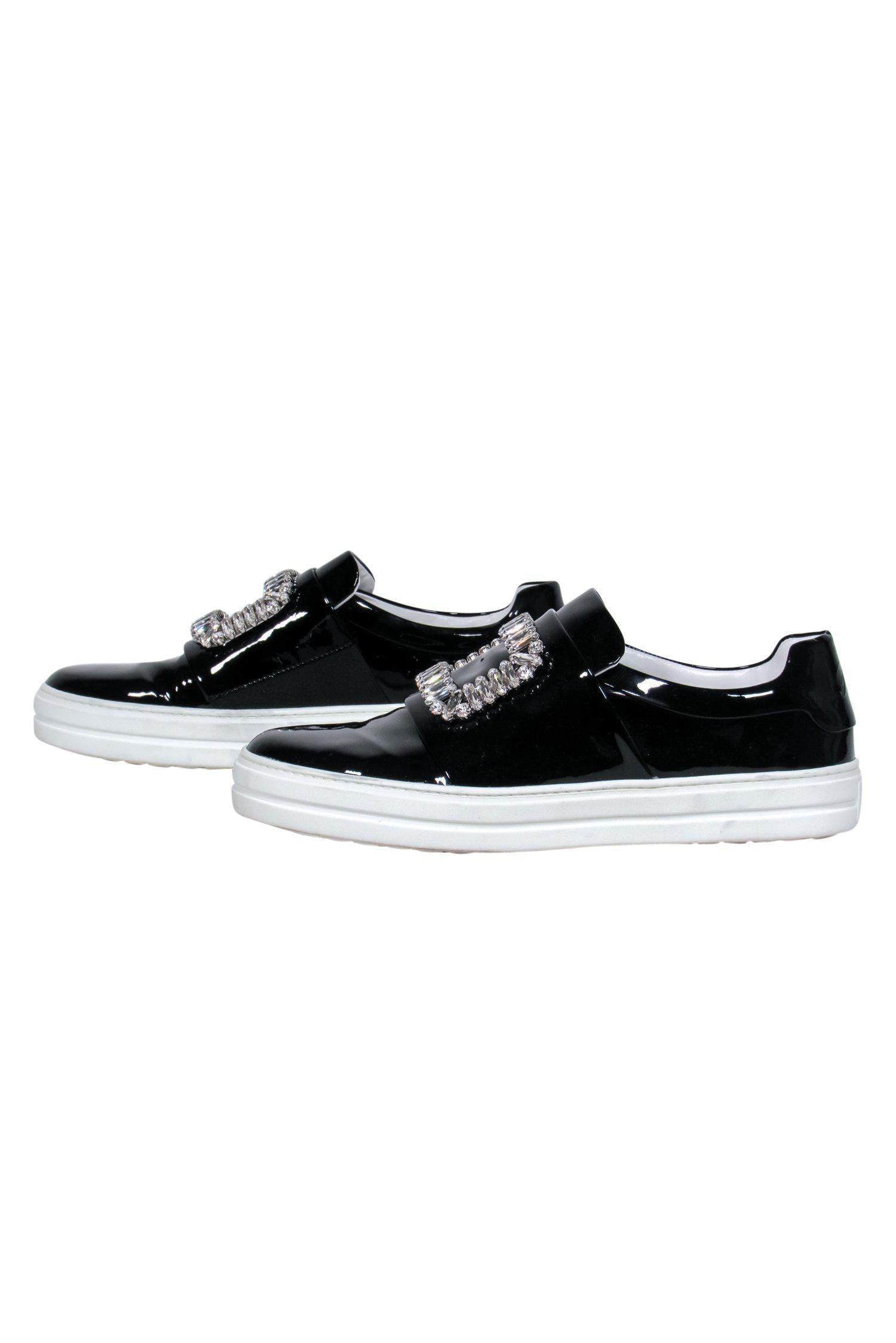 Roger Vivier - Stunning Black Patent Leather Platform Sneakers with Jeweled Button Design, Size 8.5