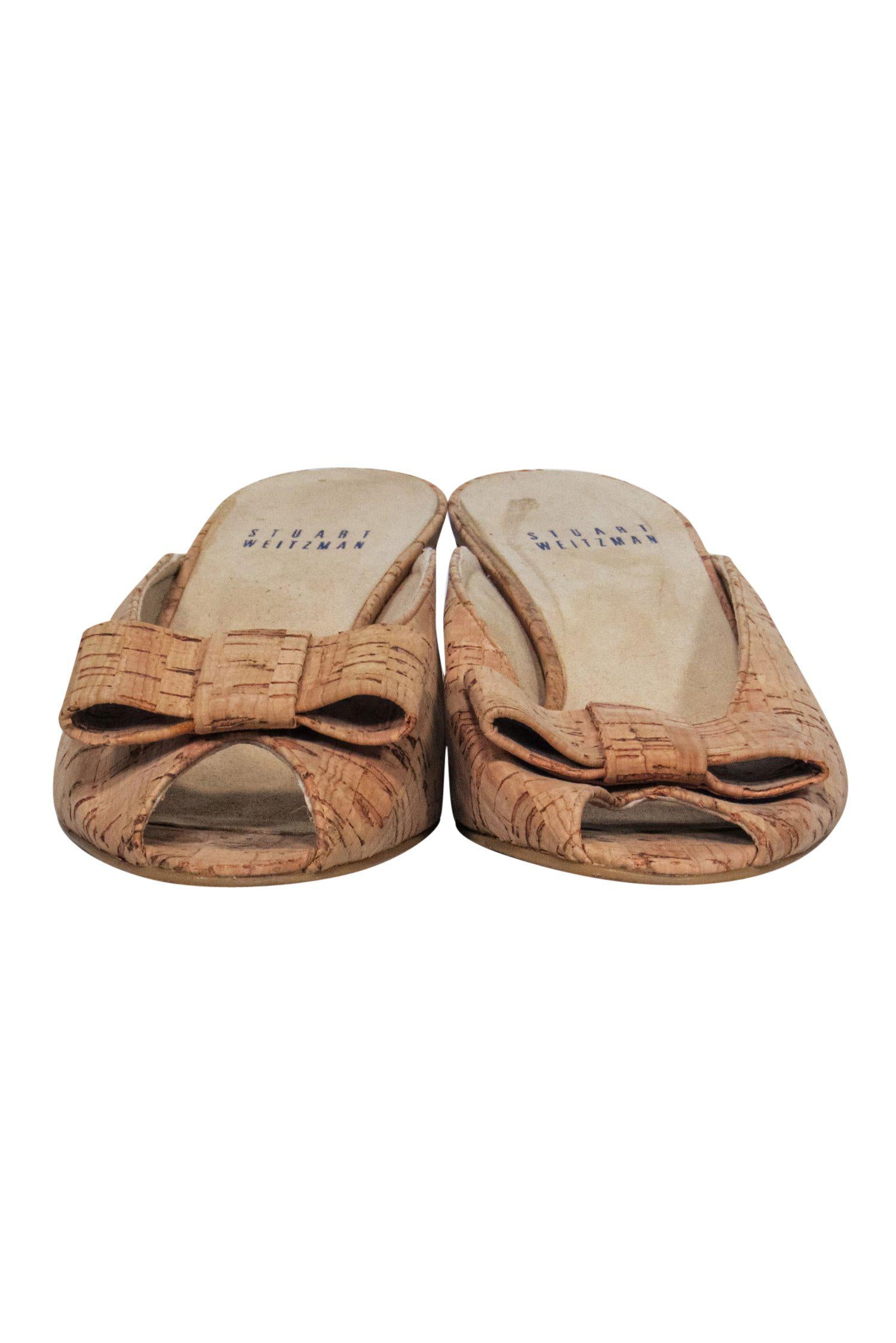 Stuart Weitzman - Chic Beige Cork Peep Toe Kitten Heels with Bow, Size 7