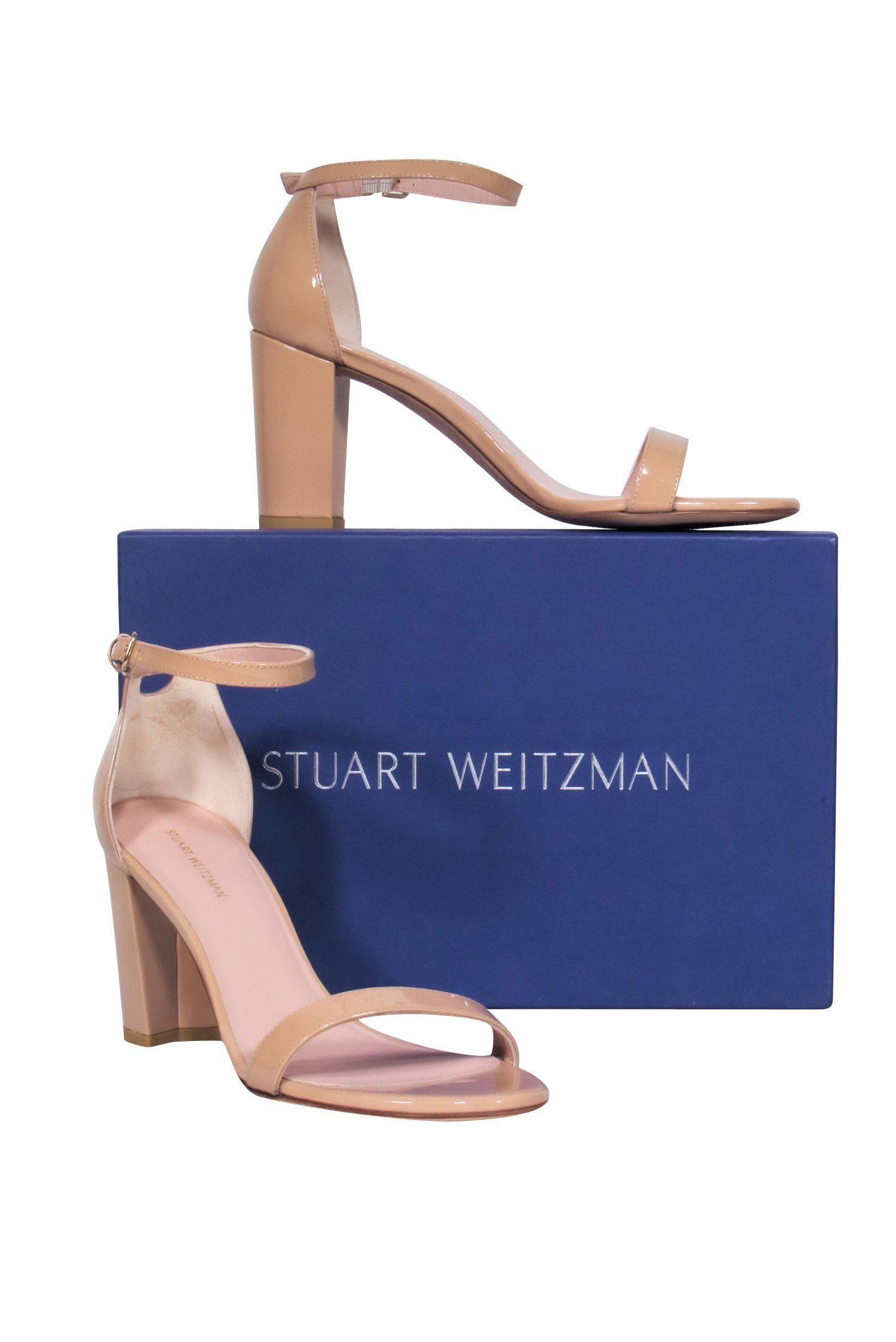 Stuart Weitzman Nude Patent Leather Strappy Block Heel Pumps - Size 9, Perfect for Summer!