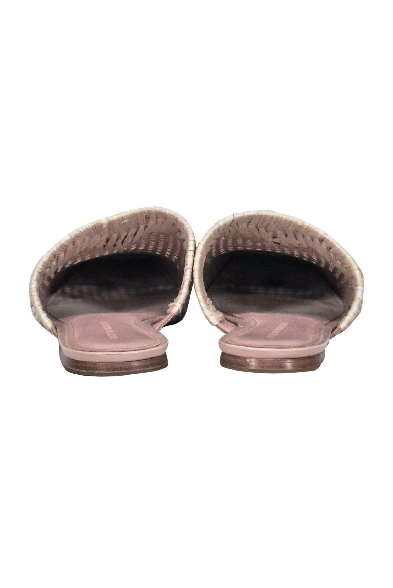 Sigerson Morrison Light Pink Patent Leather Perforated Mules with Straw Woven Trim - Size 9