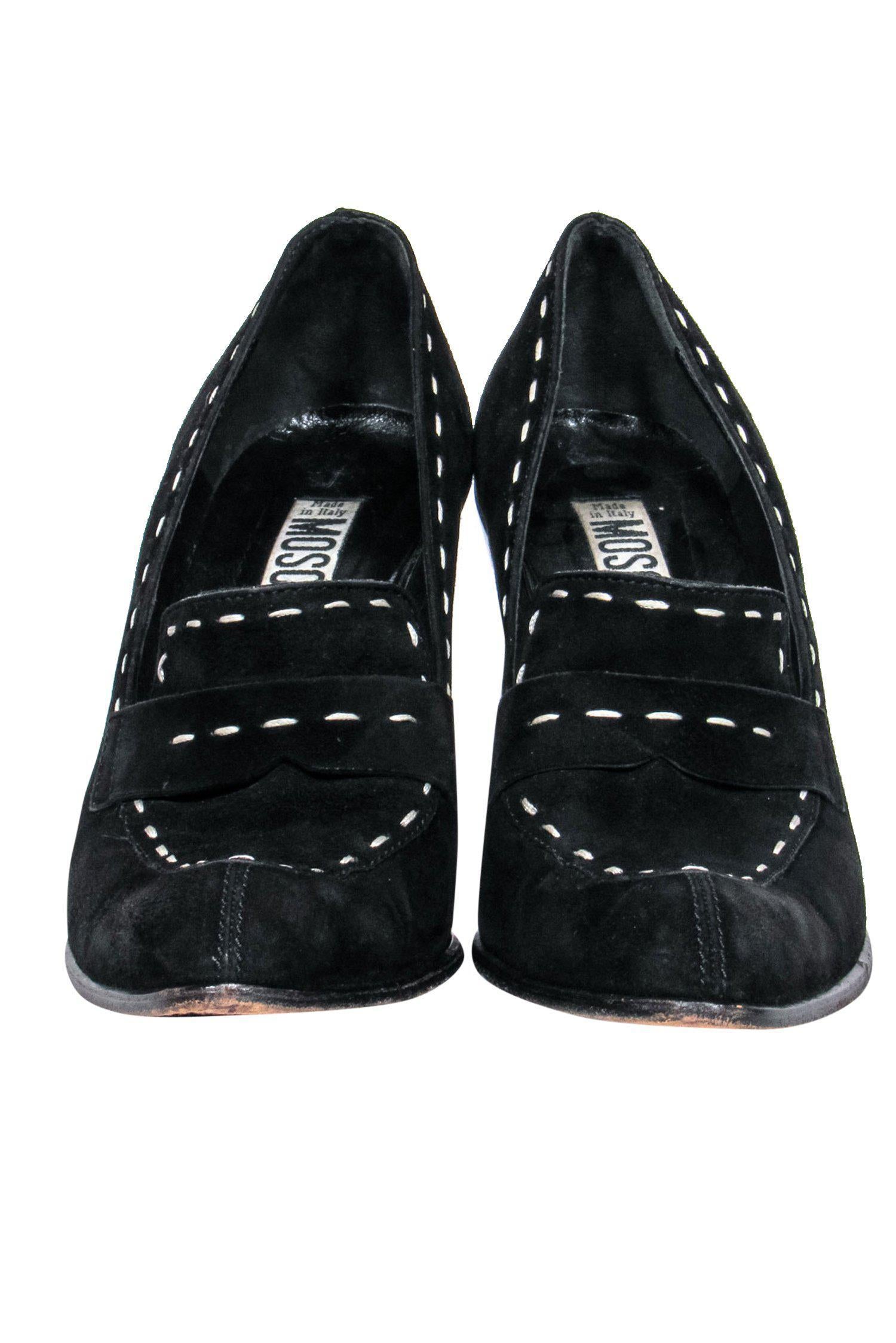 Moschino Black Suede Loafer-Style Heels with White Stitching - Size 8