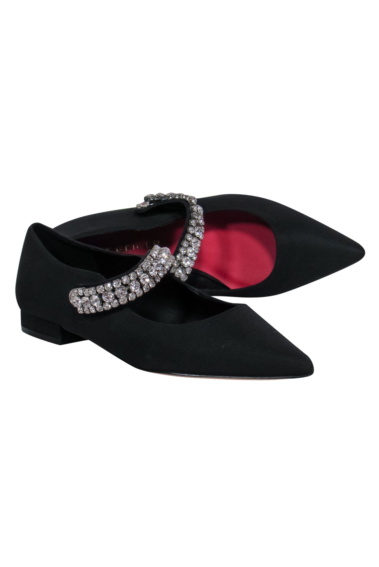 Kurt Geiger Black Rhinestone Strap Pointed Toe Flats - Size 8