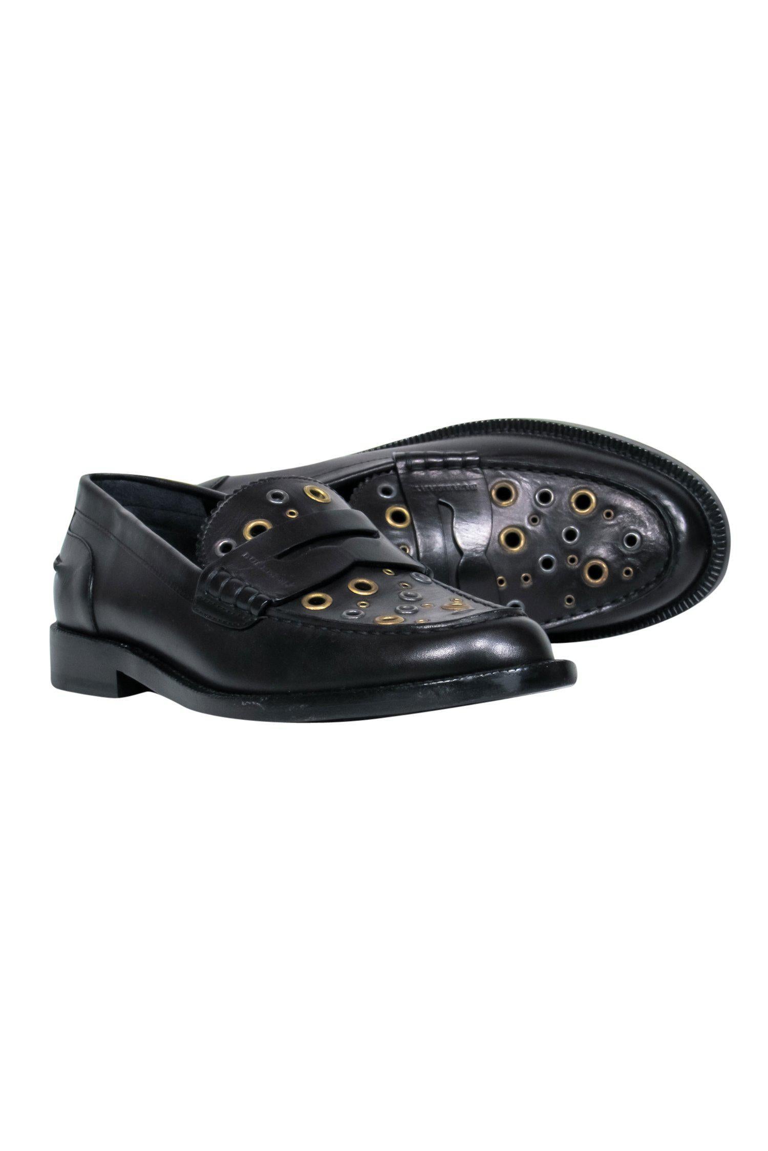 Burberry Black Leather Grommet Loafers - Size 9
