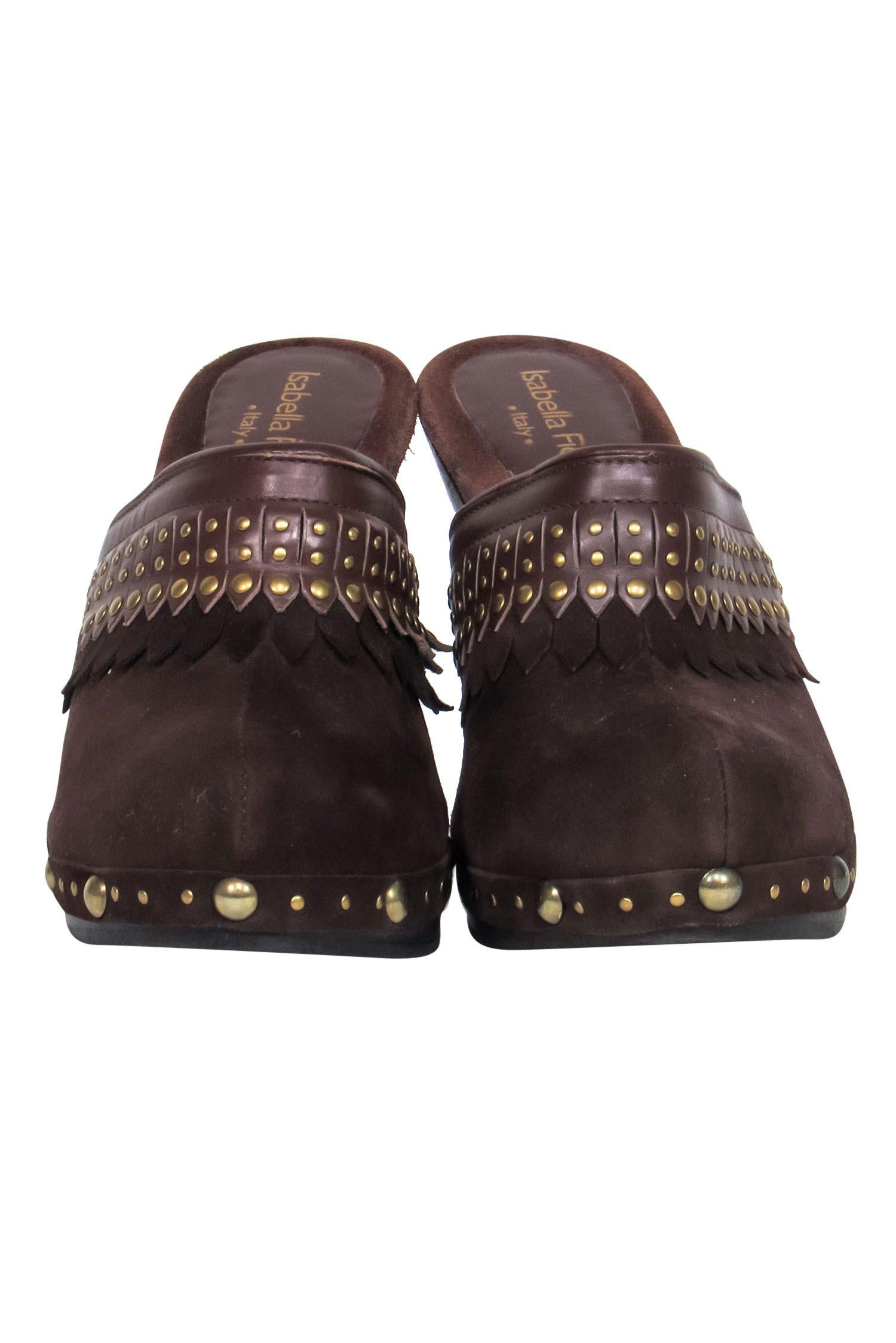 Isabella Fiore Brown Suede Gold Studded Clog Pumps - Size 6
