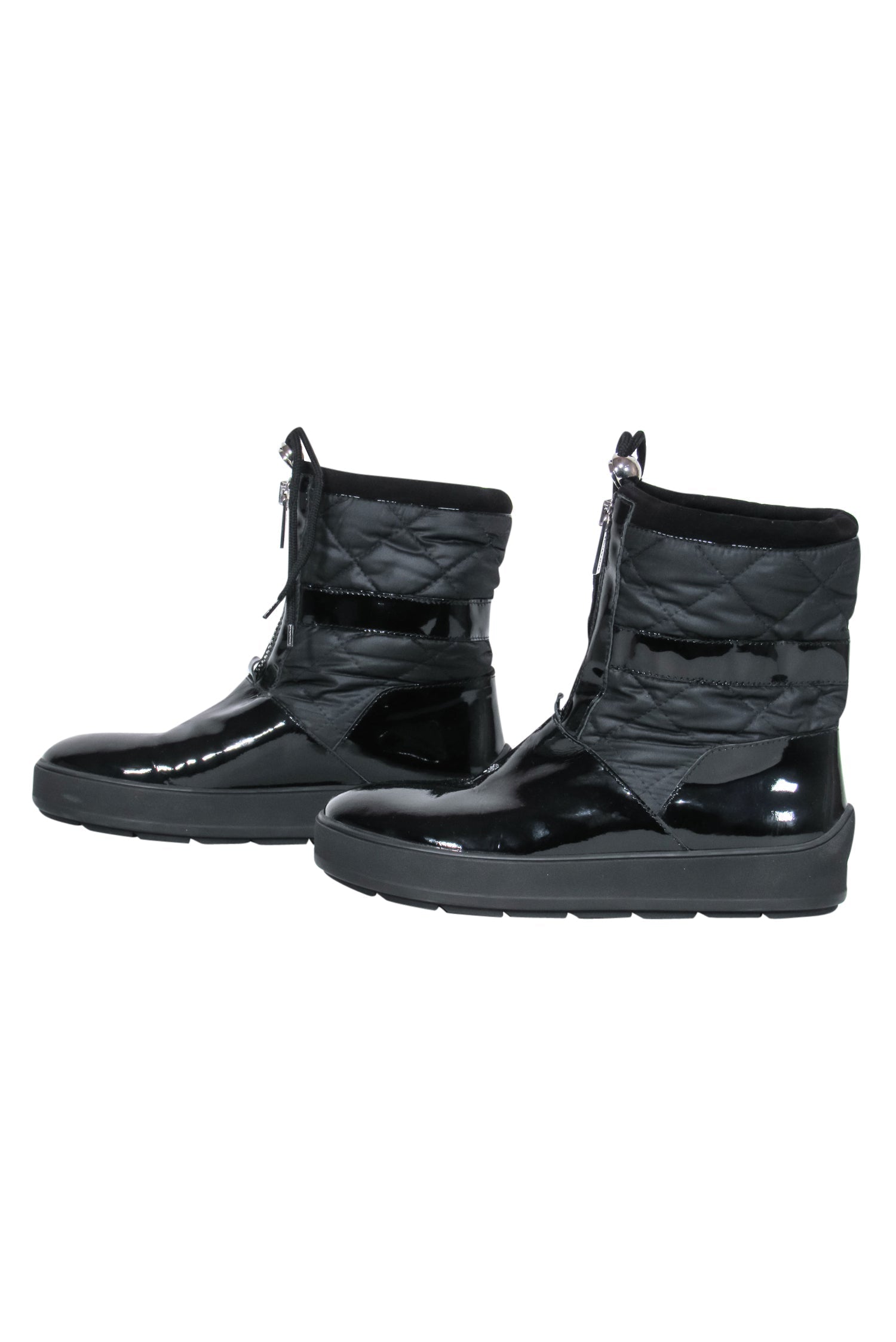 Aquatalia's Stunning Black Patent Leather & Quilted Zippered Snow Boots - Size 7.5