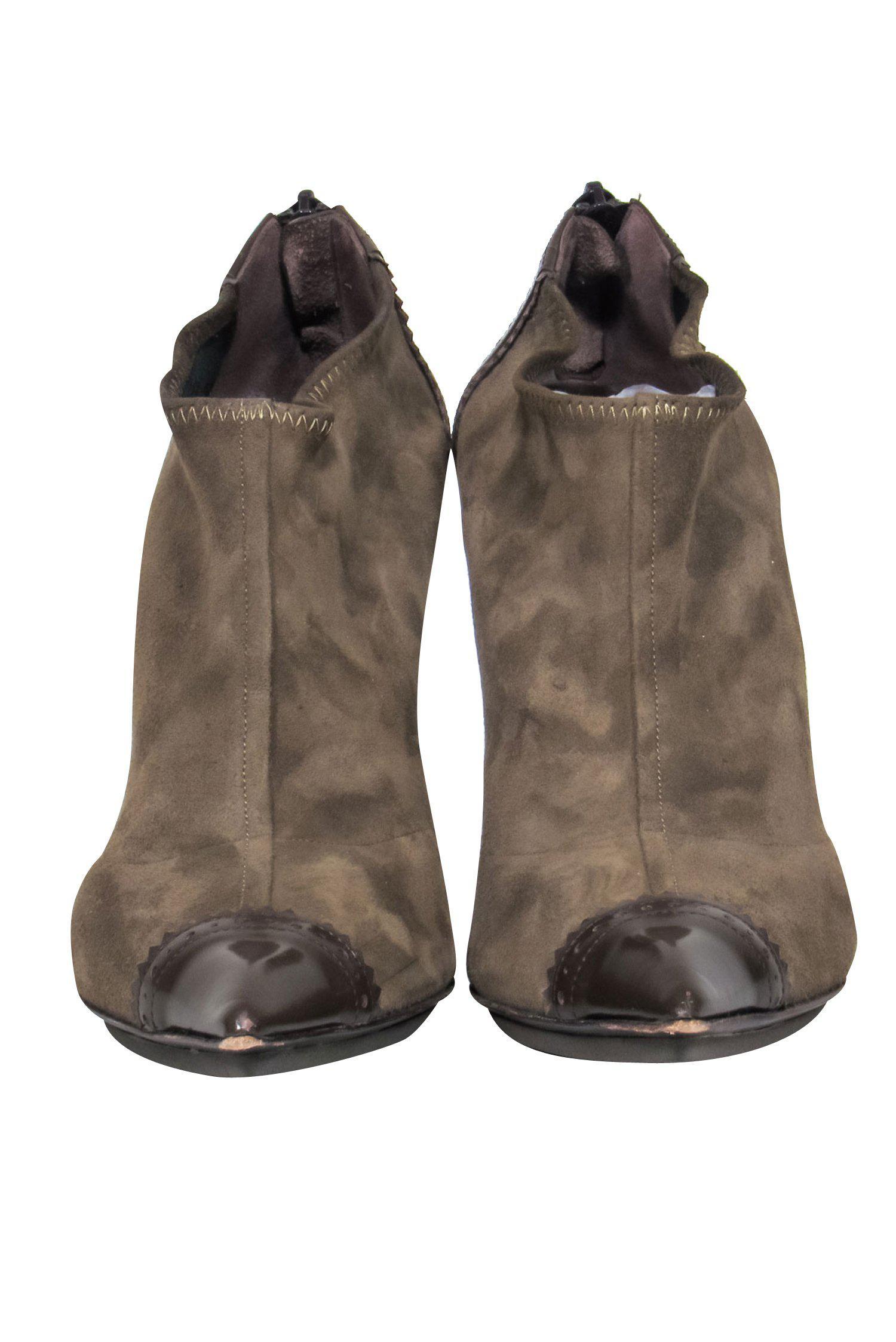 Donna Karan's Stunning Taupe & Brown Suede Heeled Booties with Patent Leather Trim - Size 7