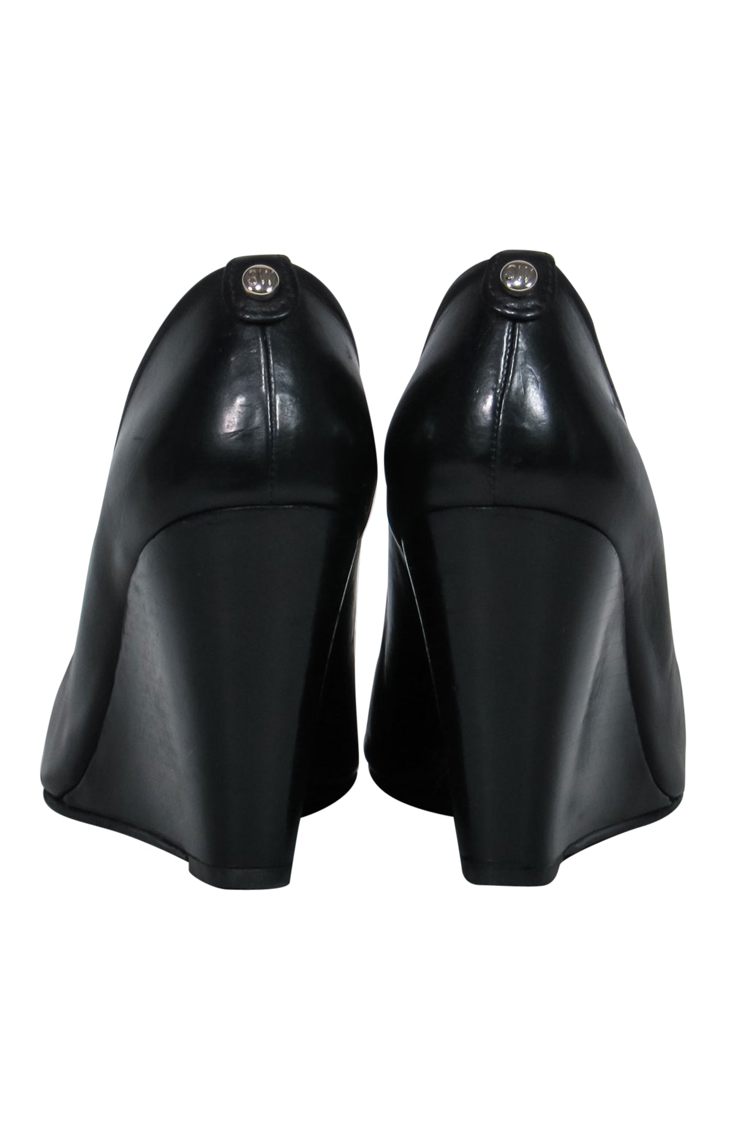 Stuart Weitzman Black Leather Peep Toe Wedges - Size 8 - Fashionable Footwear