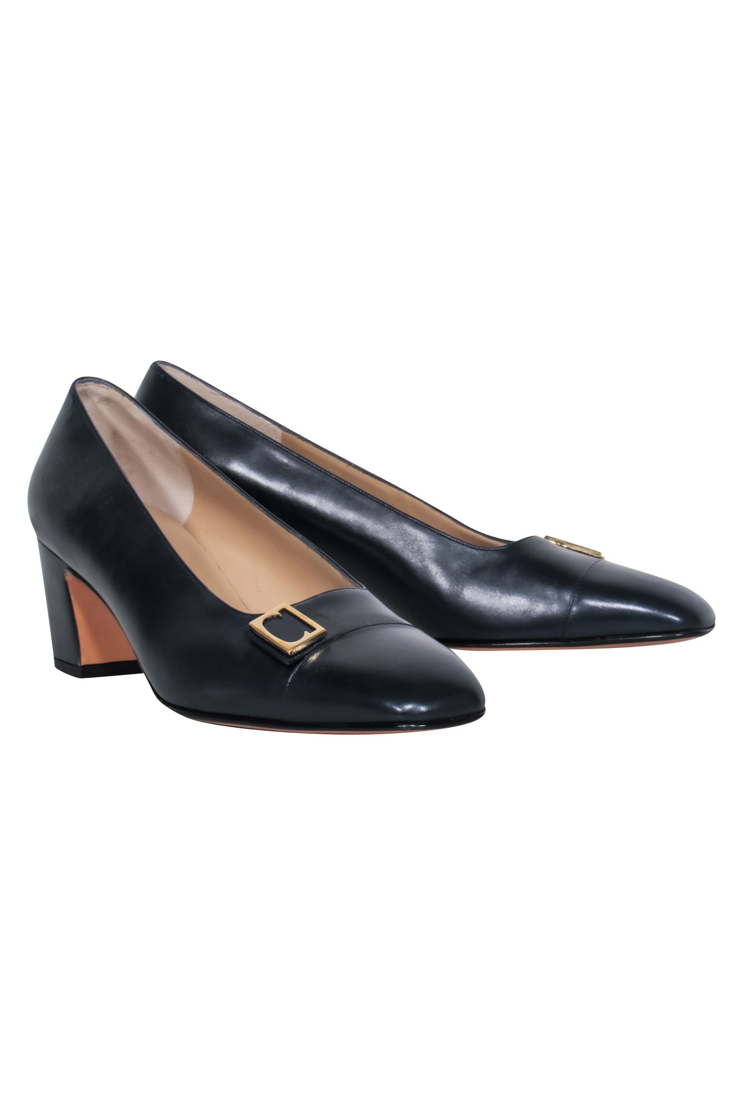 Ferragamo Navy Classic Pumps with Gold Toe Detail - Size 8
