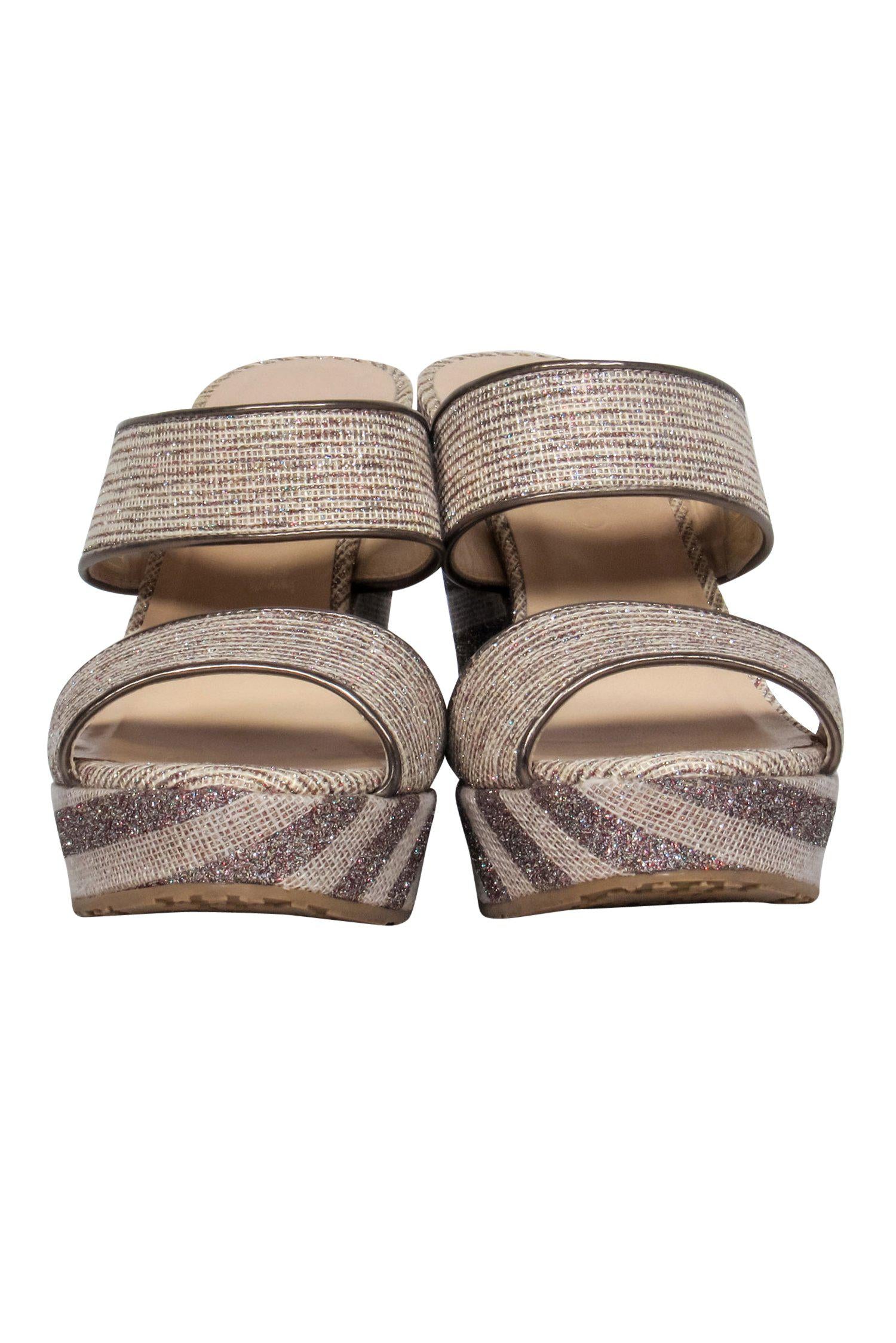 Jimmy Choo Beige Sparkly Striped Woven Strappy Platform Wedges - Size 8: Summer Sparkle!