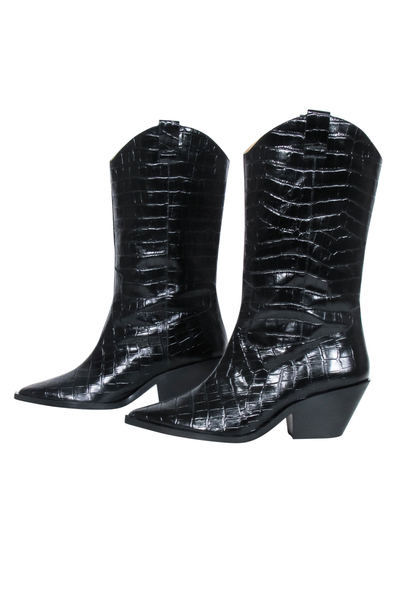 & Other Stories Black Croc-Embossed Leather Cowboy Boots - Size 9.5