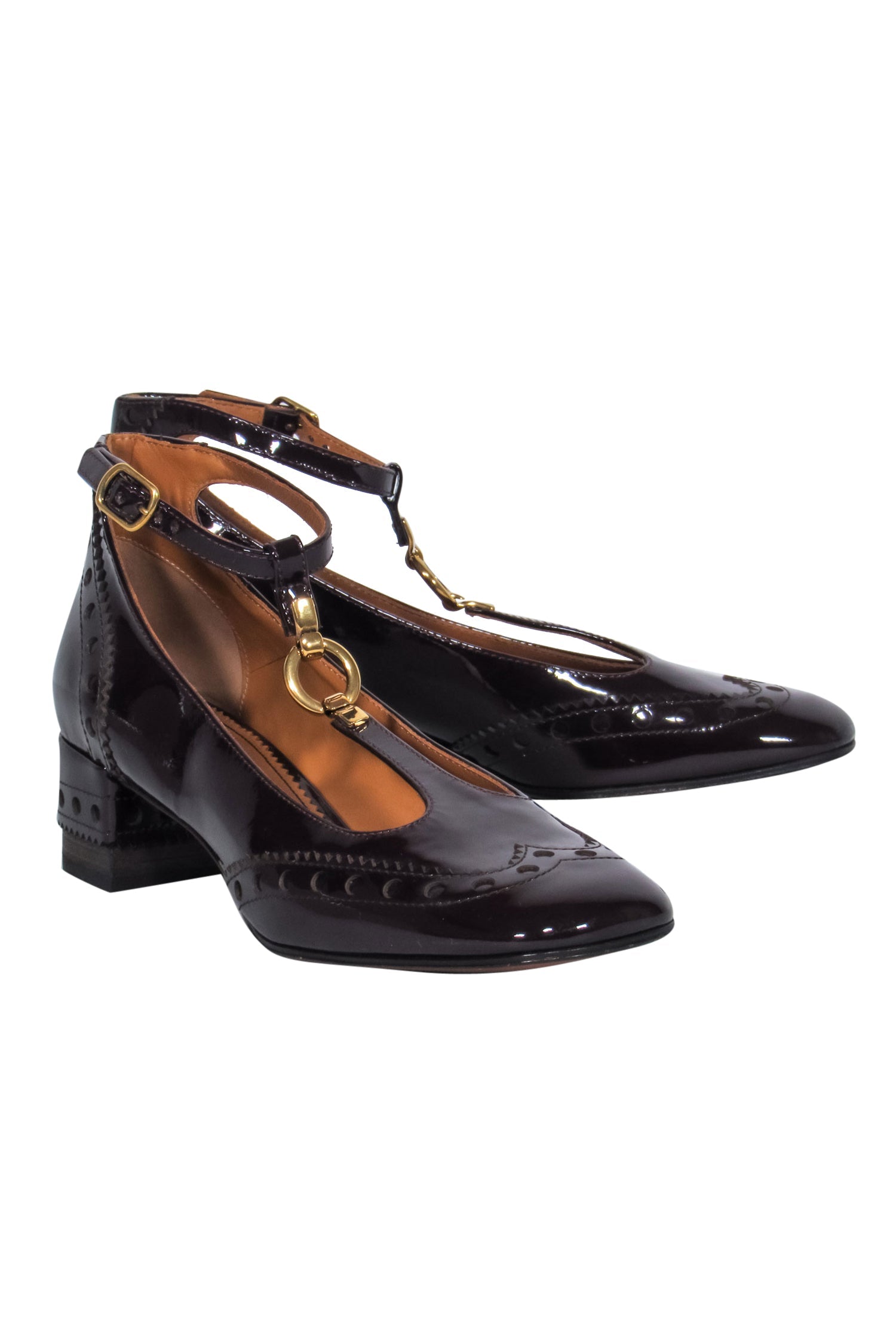 Chloe's Stunning Maroon Patent T-Strap Mary Jane Pumps with Loafer Embroidery - Size 8