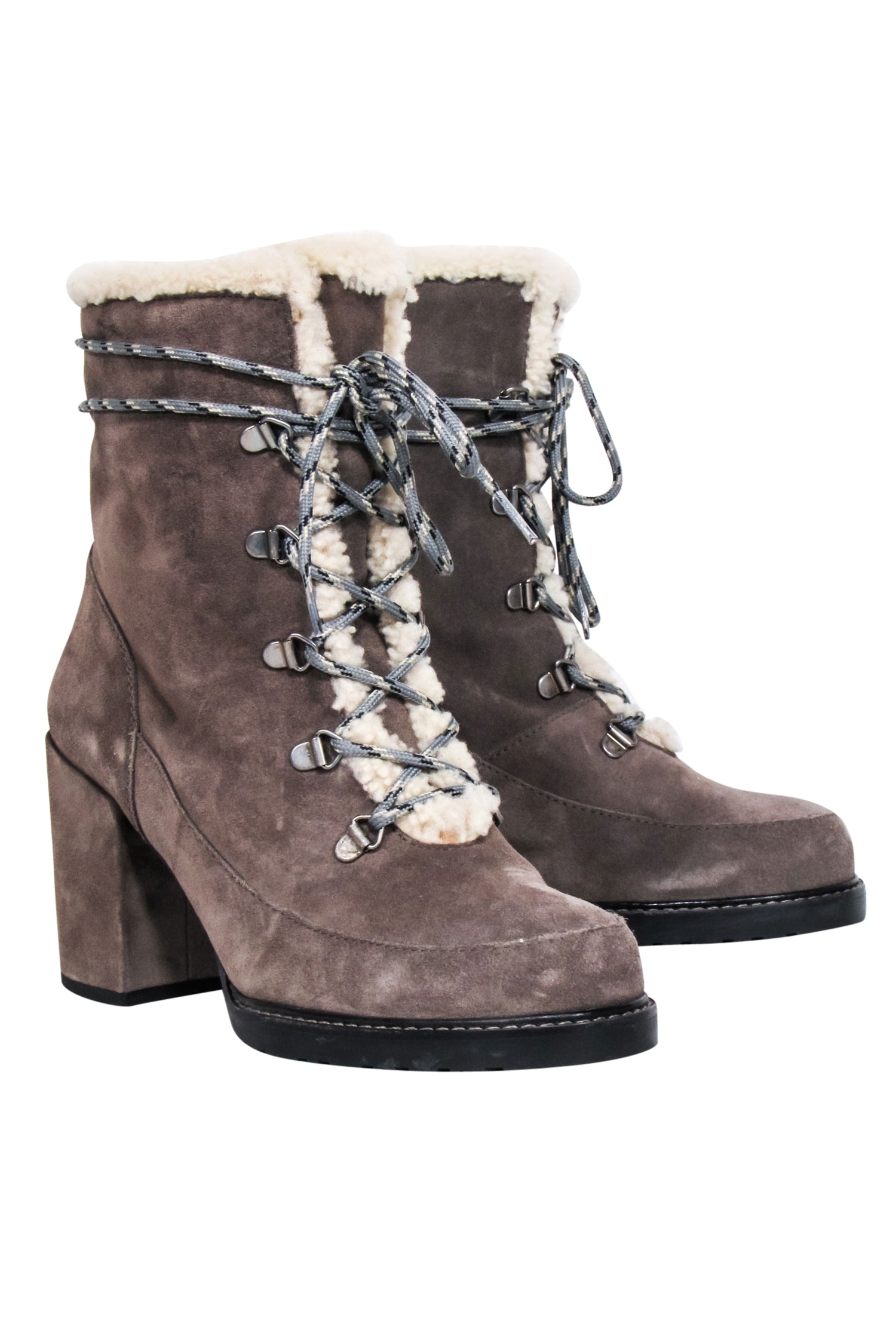 Stuart Weitzman Grey Suede Lace-Up Short Shearling Lined Boots - Size 9