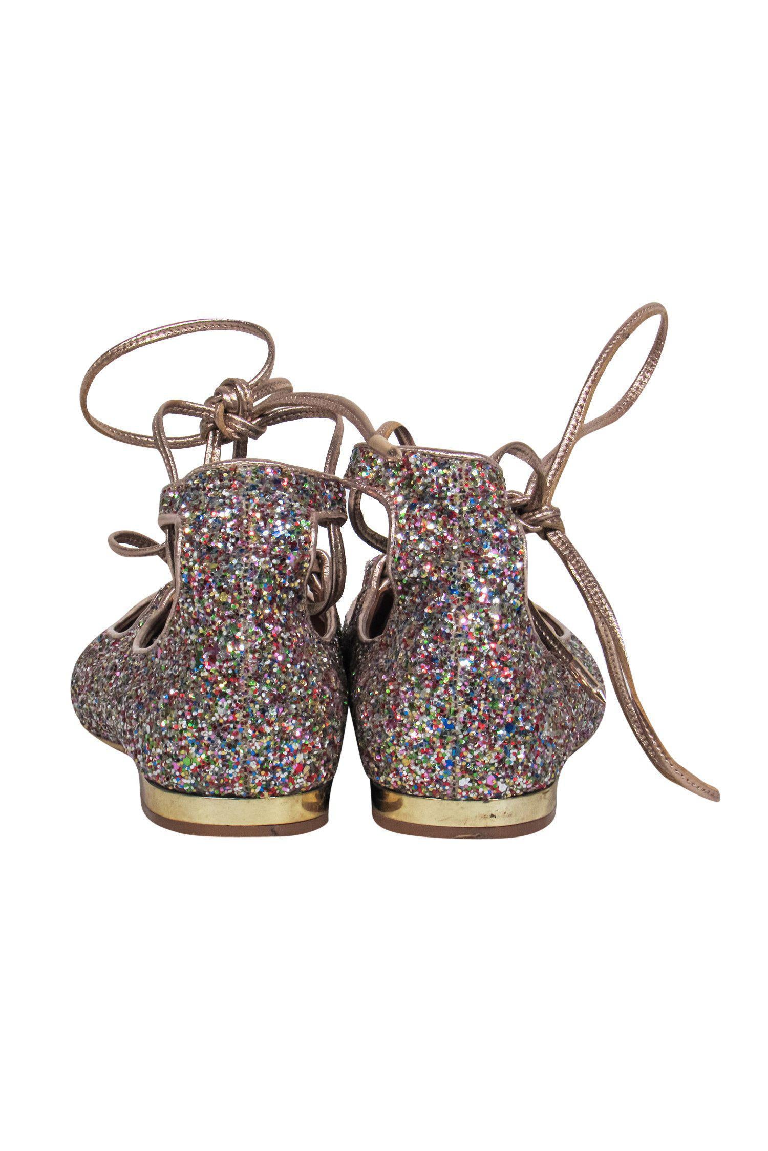 Aquazzura Multicolored Sequin Lace - Up Party Flats Size 6