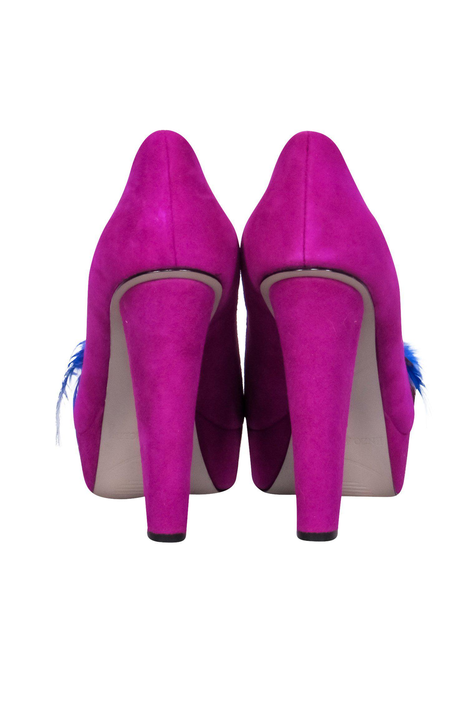 Enzo Angiolini Magenta Suede Feather & Rhinestone Peep - Toe Platform Pumps, Size 5.5