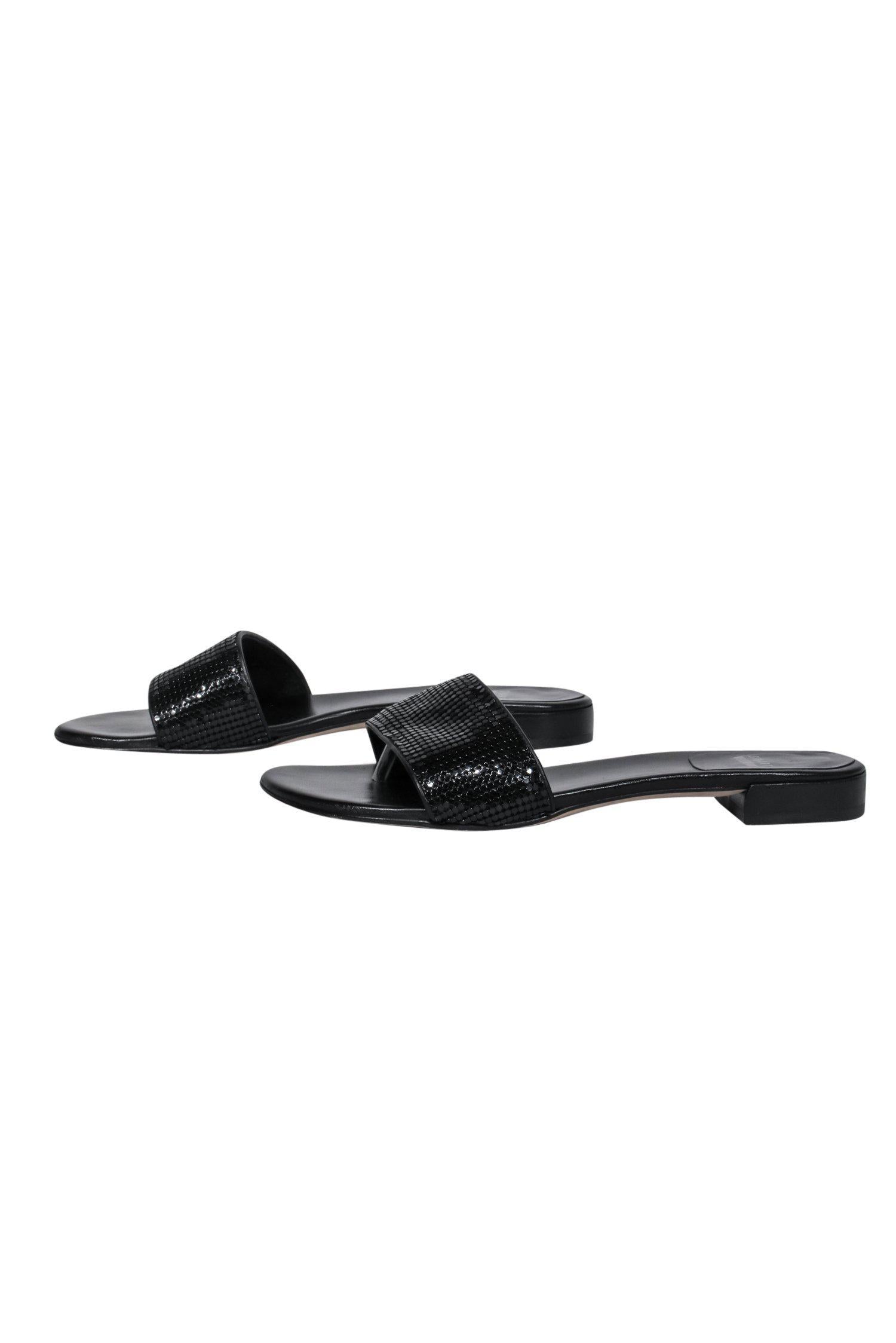Stuart Weitzman Black Sequined Thong-Style Slide Sandals - Size 8: Sparkle and Stride!