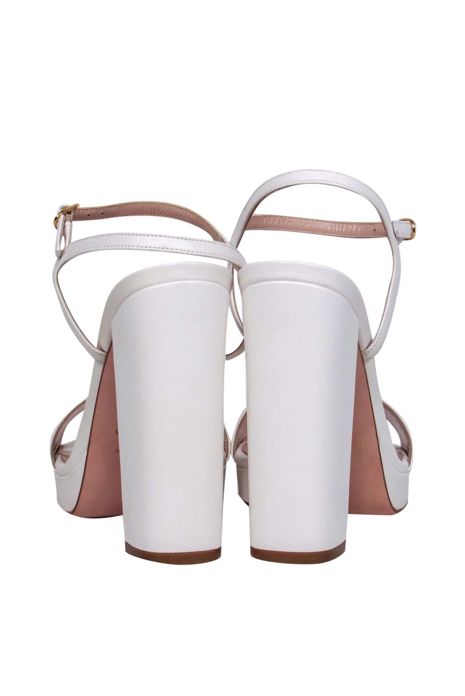 Stuart Weitzman White Leather Strappy Block Heel Sunray Pumps - Size 9.5 - Chic Summer Must - Haves