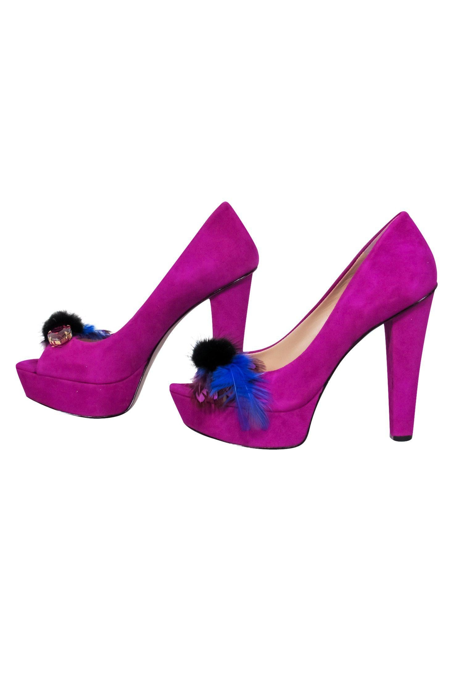 Enzo Angiolini Magenta Suede Feather & Rhinestone Peep - Toe Platform Pumps, Size 5.5