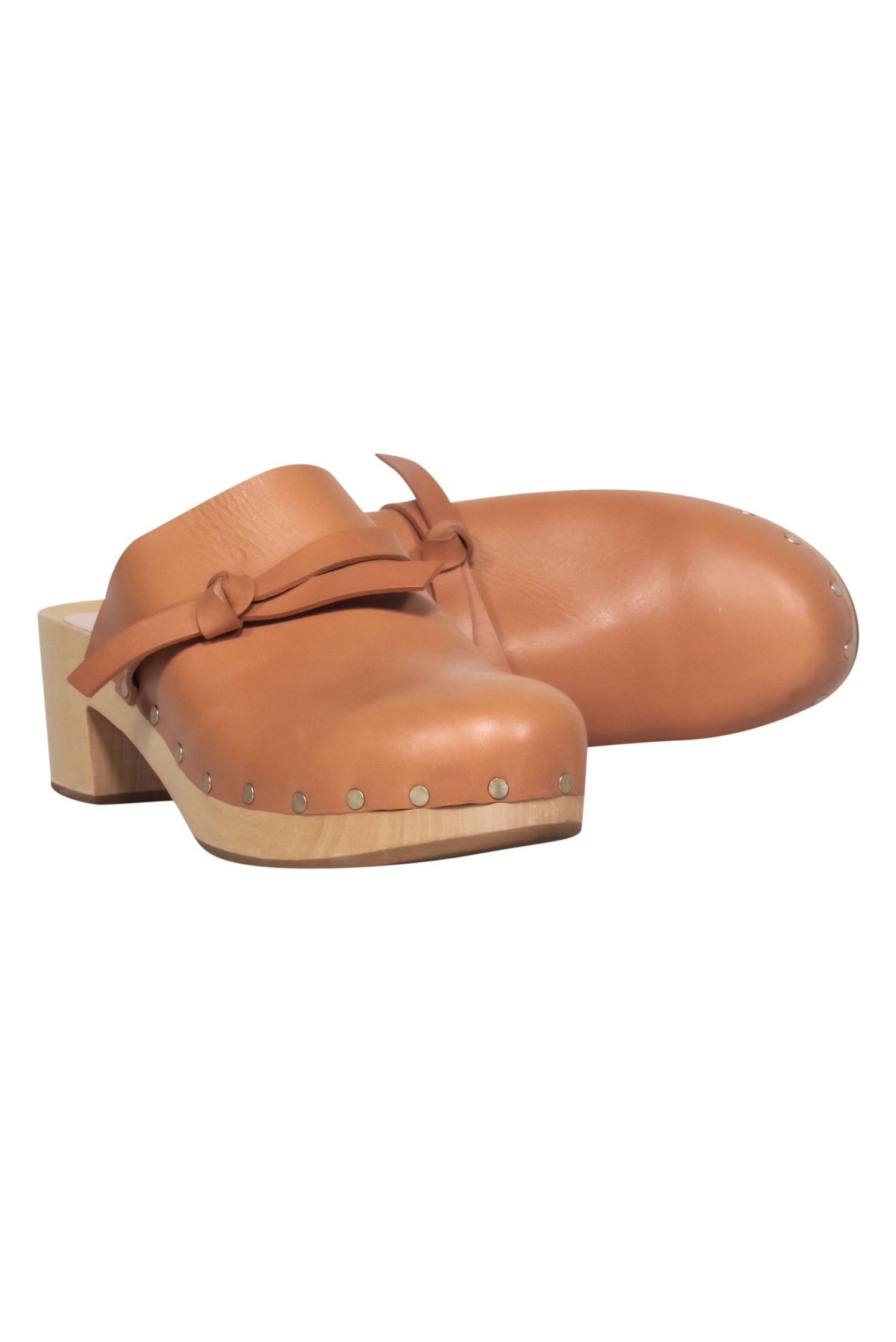 Loeffler Randal Light Brown Smooth Leather Clogs with Wooden Heel - Size 8.5