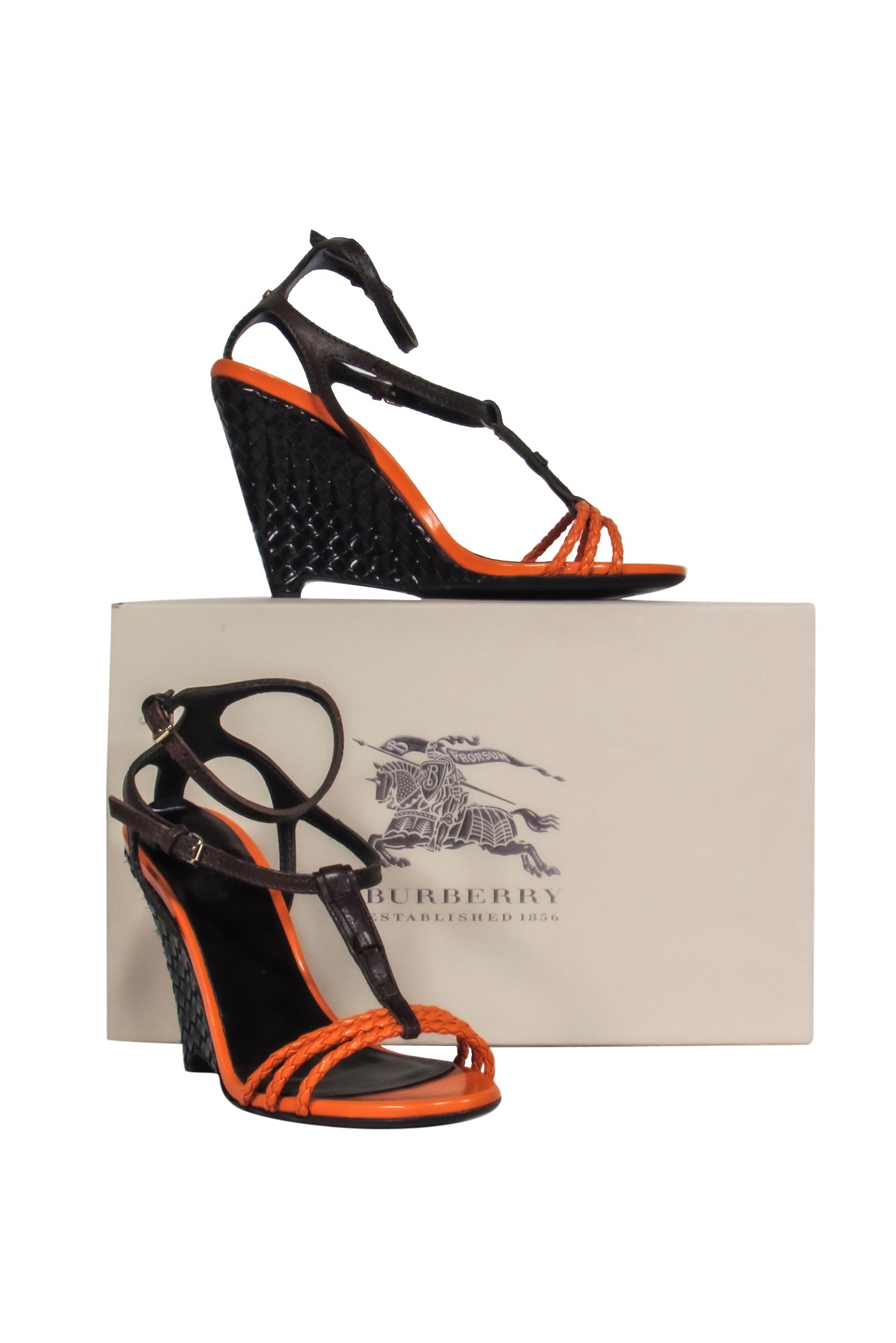 Burberry's Stunning Orange & Brown Woven Leather Wedge Heels - Size 10