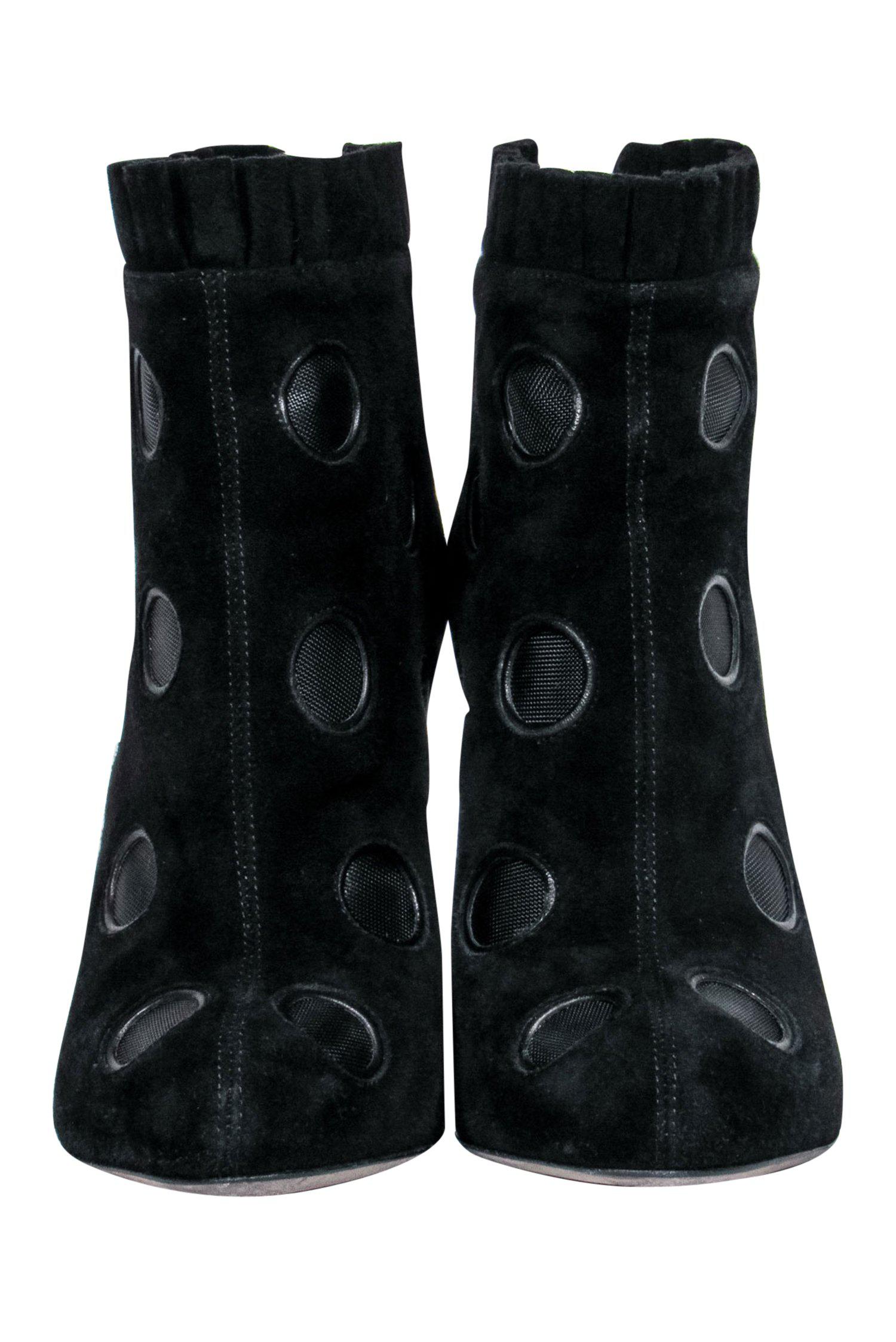 Sergio Rossi Black Suede Stiletto Booties with Mesh Polka Dot Design - Size 6