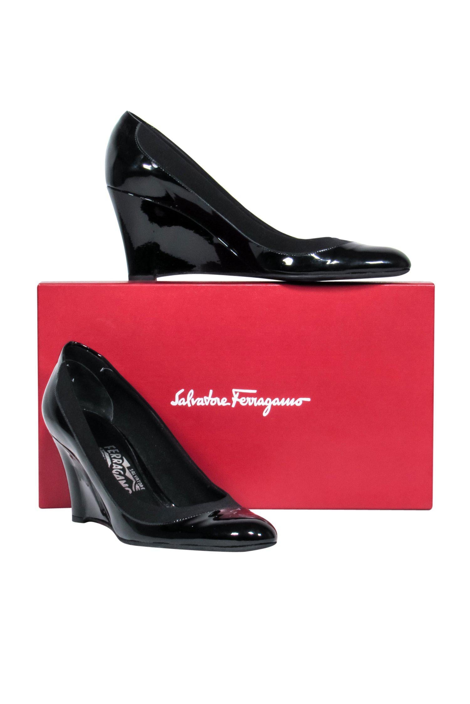 Ferragamo Black Patent Leather Navigli Wedges - Size 9.5 - Stylish Professional Footwear
