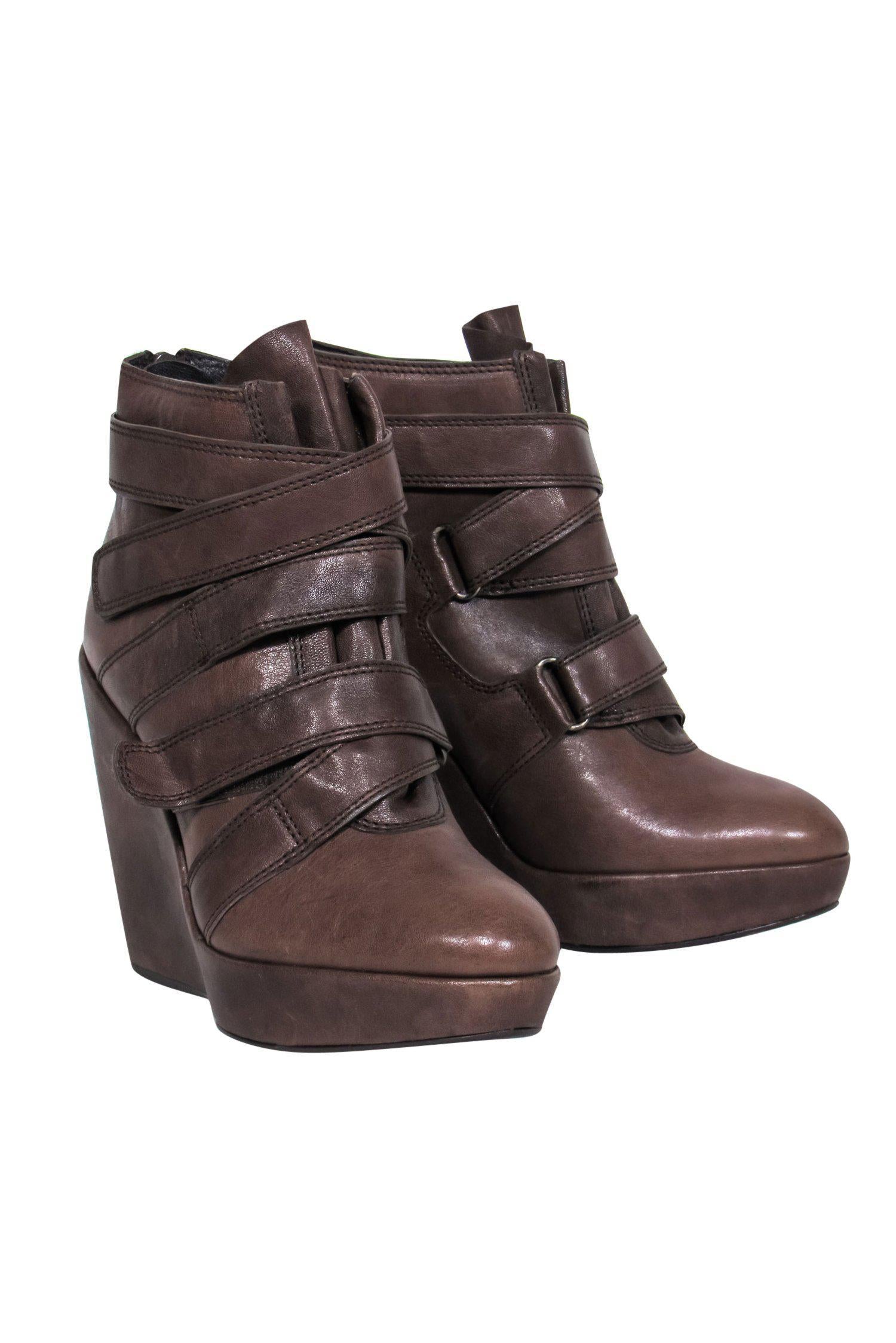 Stuart Weitzman Brown Leather Velcro Platform Ankle Booties - Size 8.5 - Fall Fashion Must-Have