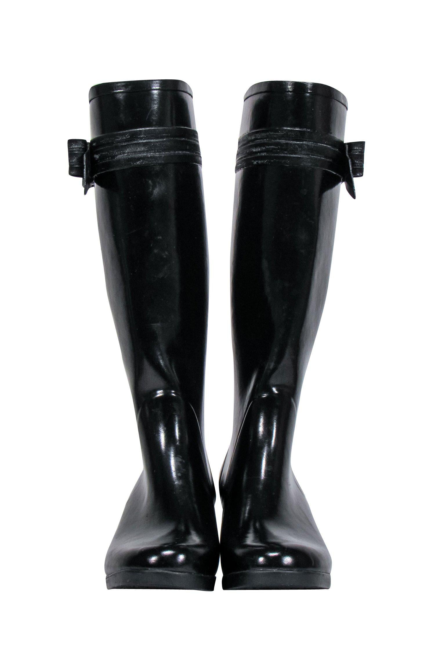 Kate Spade Stylish Black Knee - High Rain Boots with Bows, Size 7
