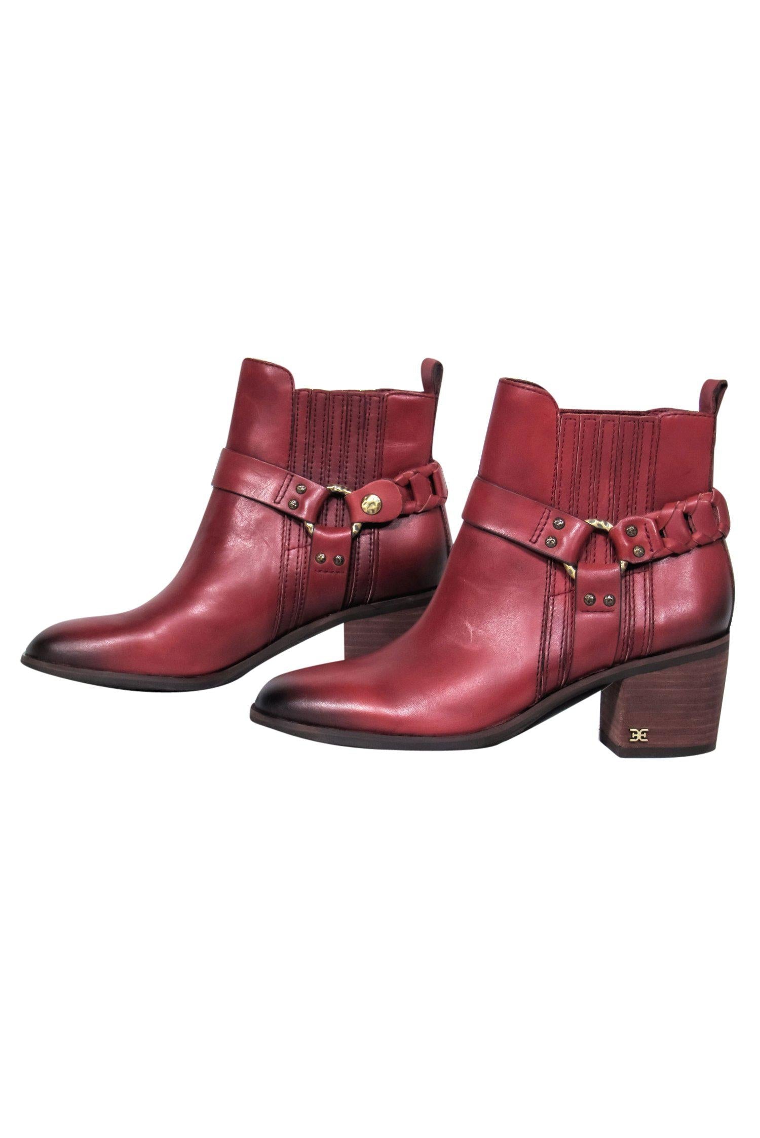 Sam Edelman's Gorgeous Burgundy Leather Ankle Booties with Buckle Design - Size 6.5