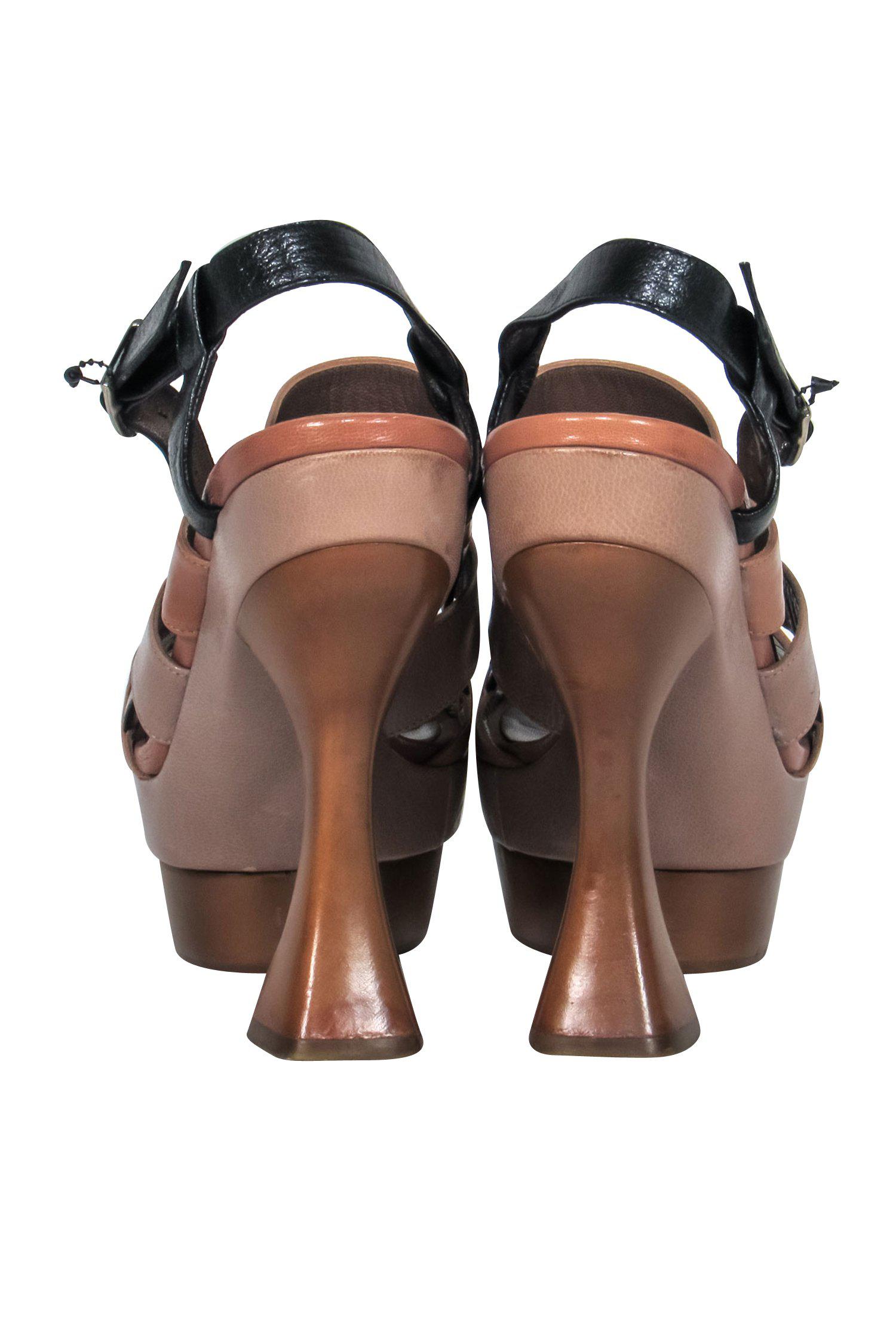 Marni Brown & Black Strappy Platform Sandals with Curved Heel - Size 9: Step into '70s Glam!