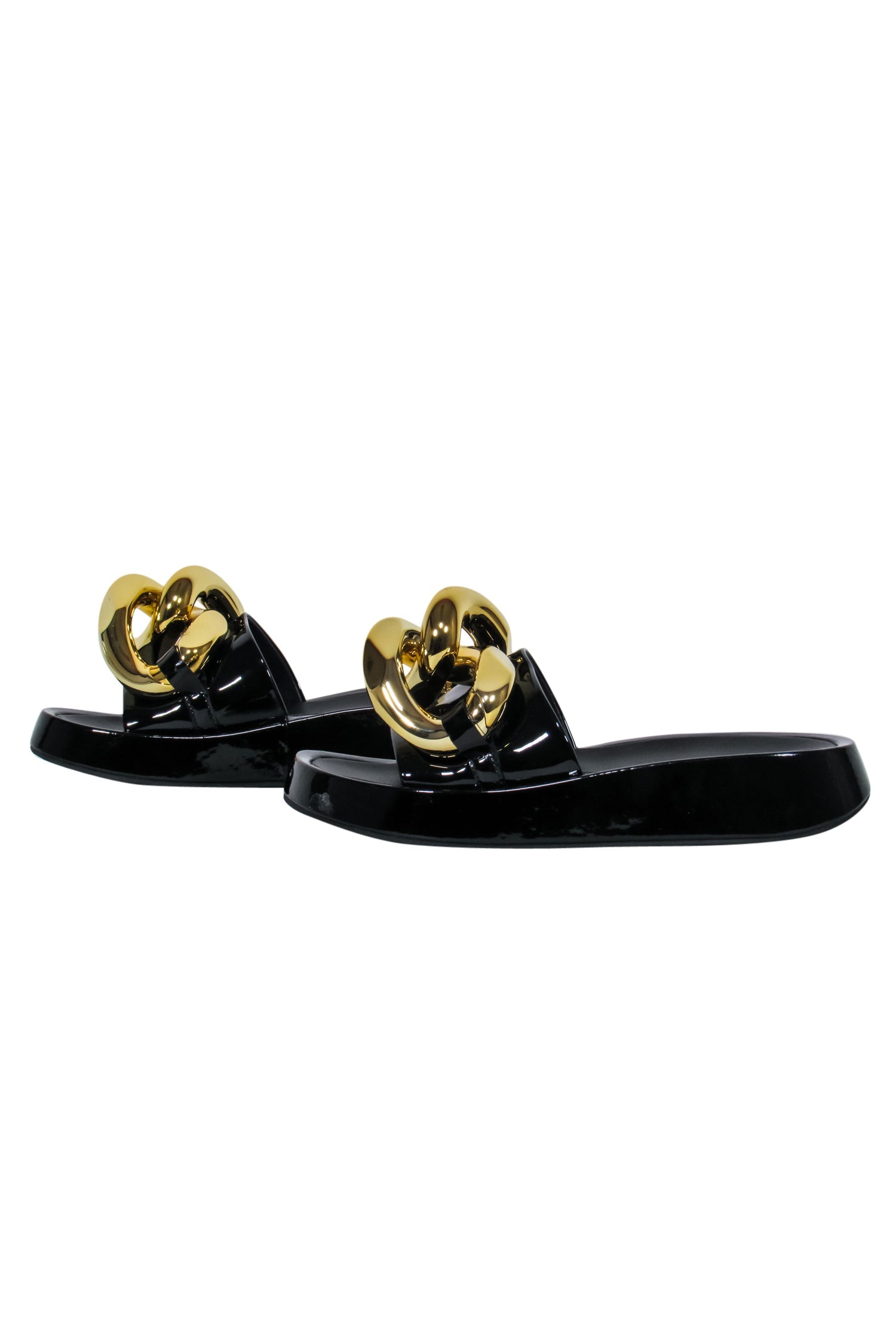 Jeffrey Campbell Black Patent Slide Sandals with Oversized Chain Link - Size 7.5