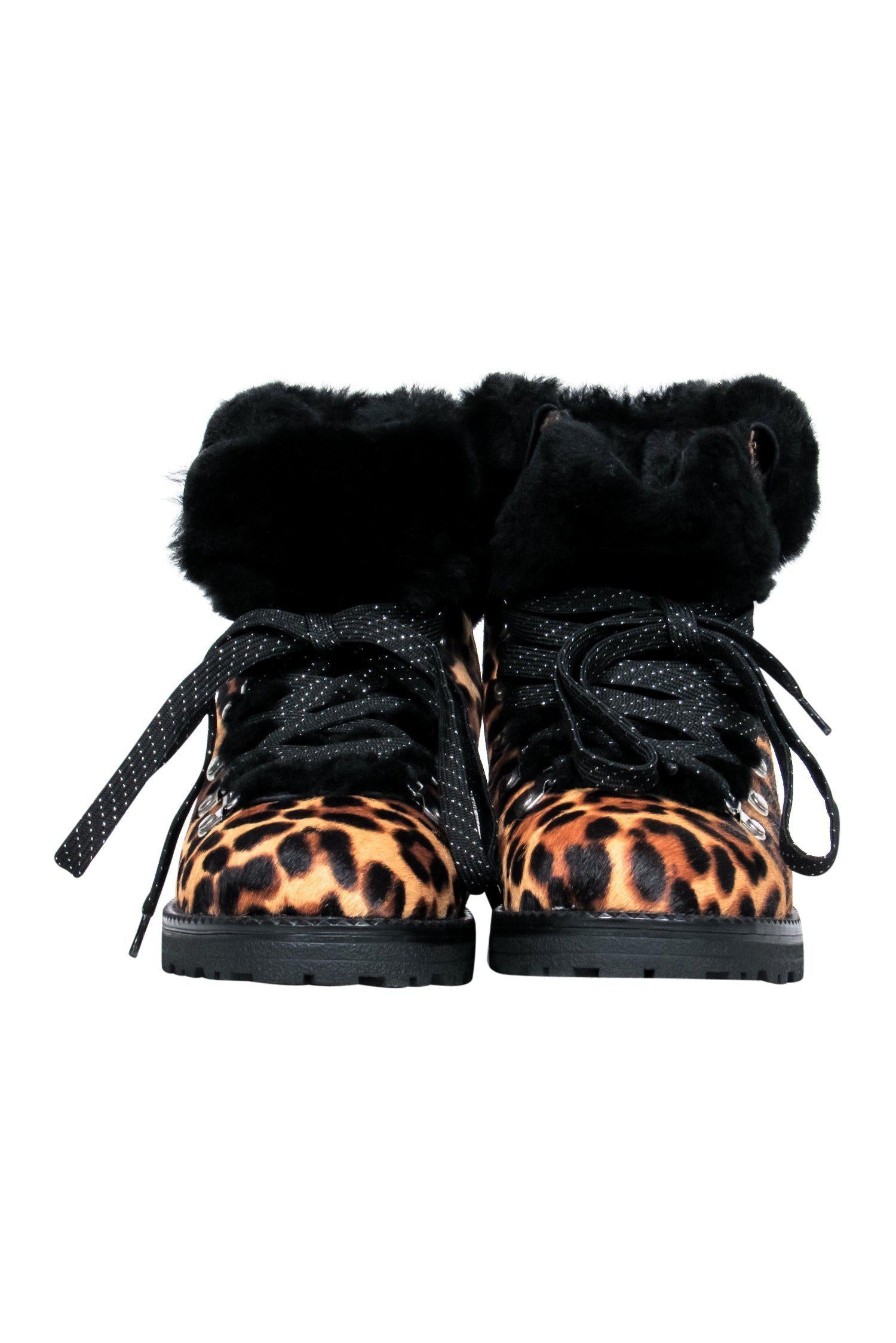 J.Crew Tan & Black Leopard Print Calf Hair Shearling Trim Combat Boots - Size 9