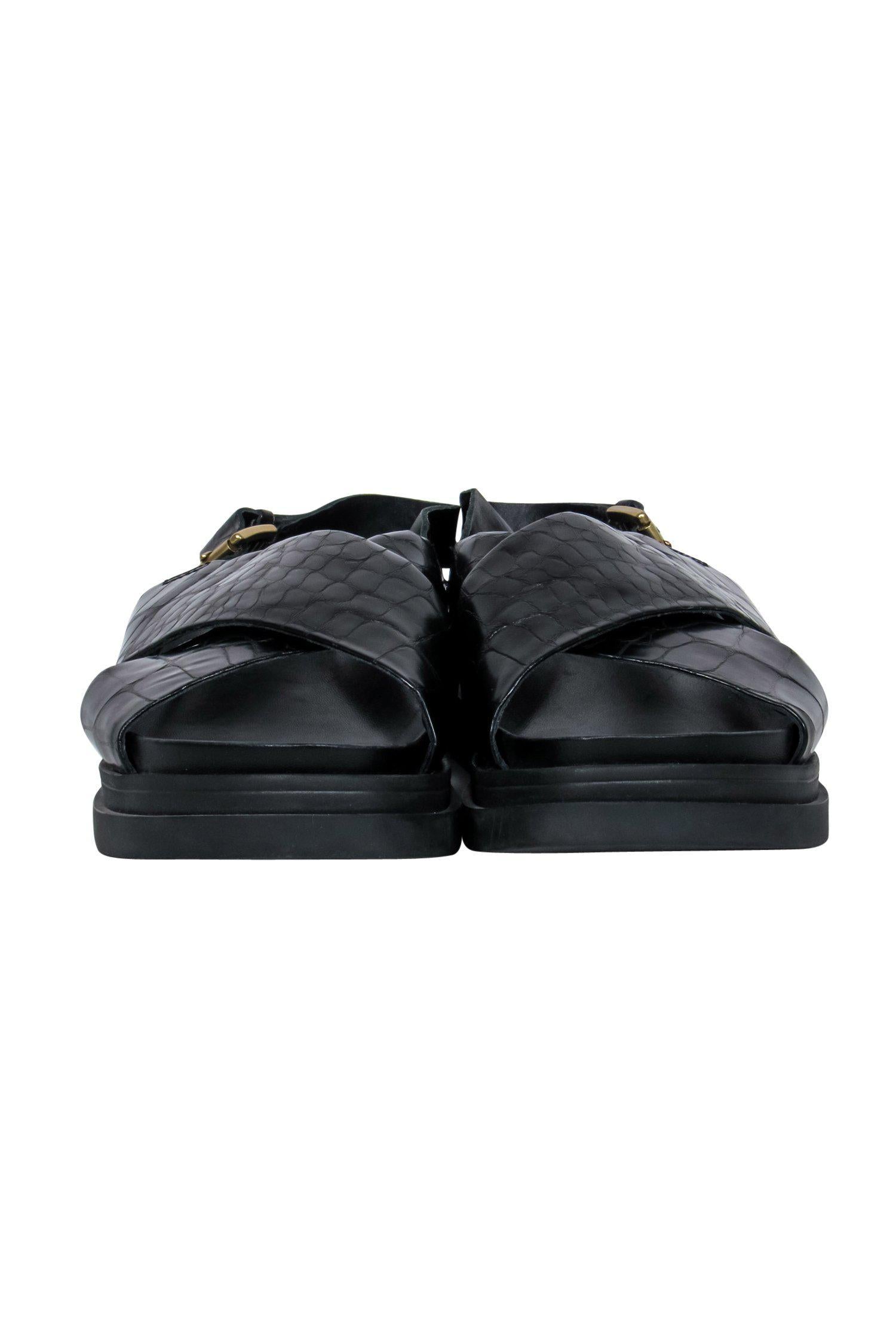 Ash Black Leather Reptile - Embossed Platform Sandals in Size 9 - Safari Chic!
