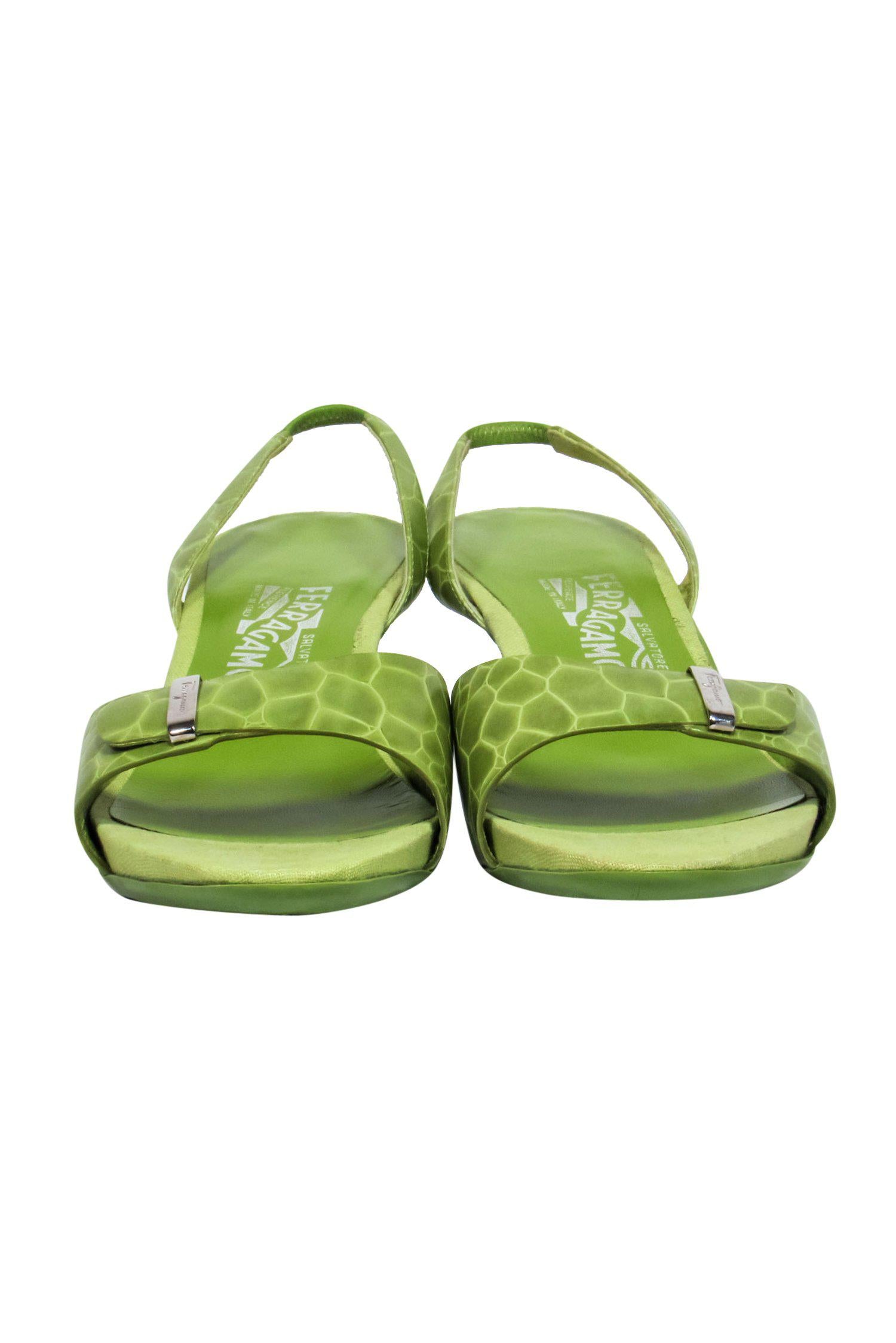Ferragamo Light Green Reptile Embossed Slingback Kitten Heels - Size 11