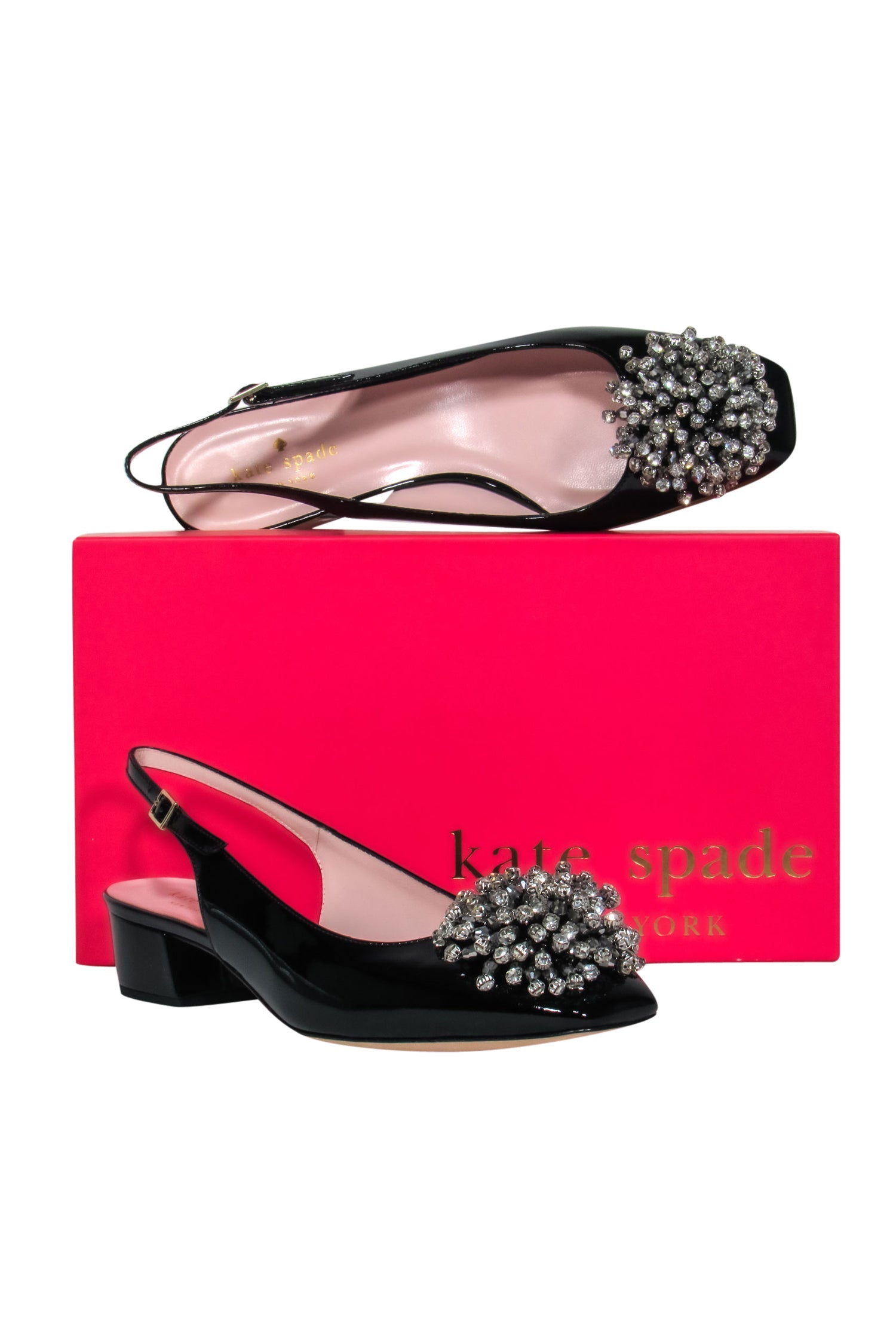 Kate Spade's Glamorous Black Patent Leather Slingback Block Heels with Rhinestone Pomps - Size 8