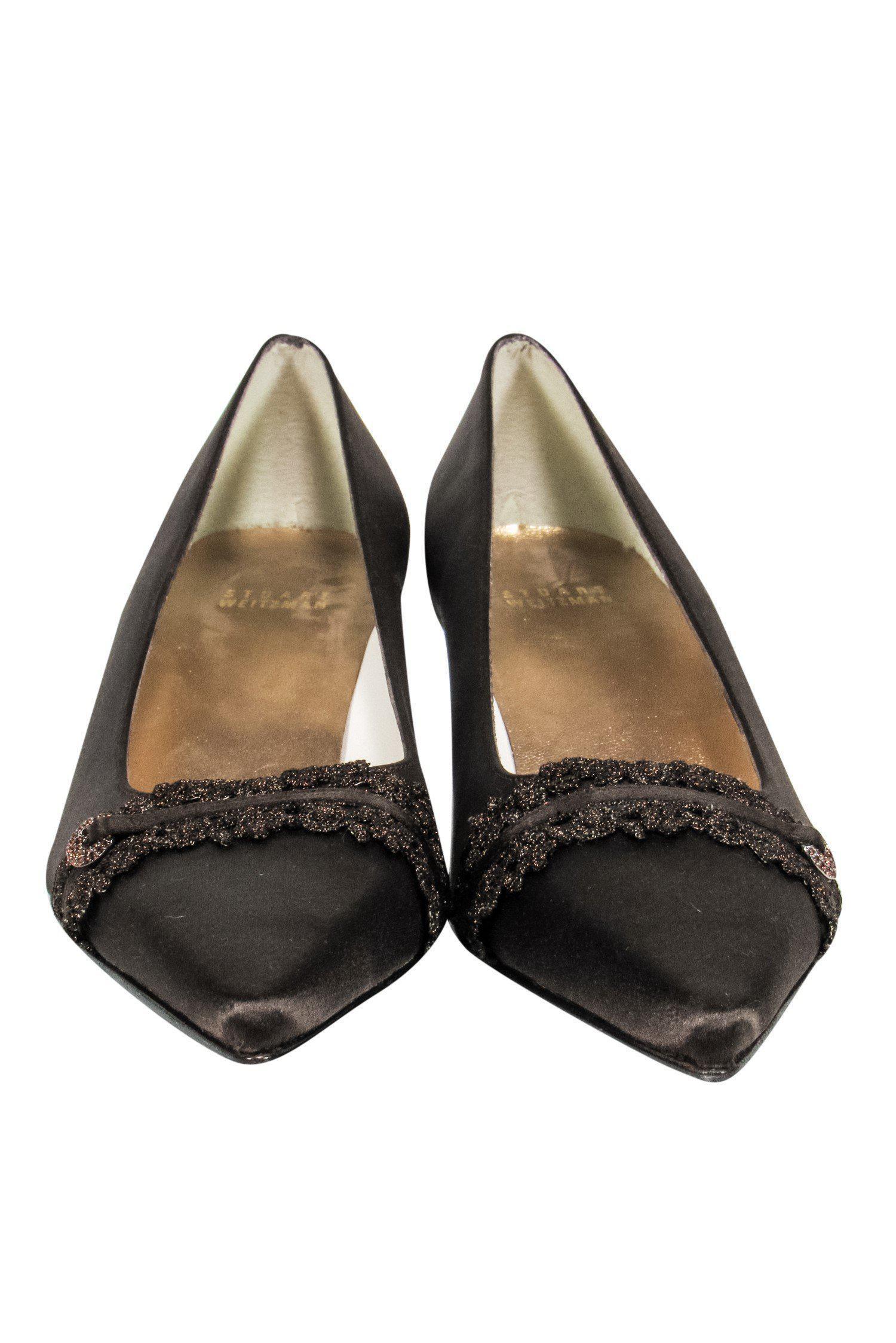 Stuart Weitzman's Stunning Brown Satin Kitten Heels with Metallic Applique - Size 9.5