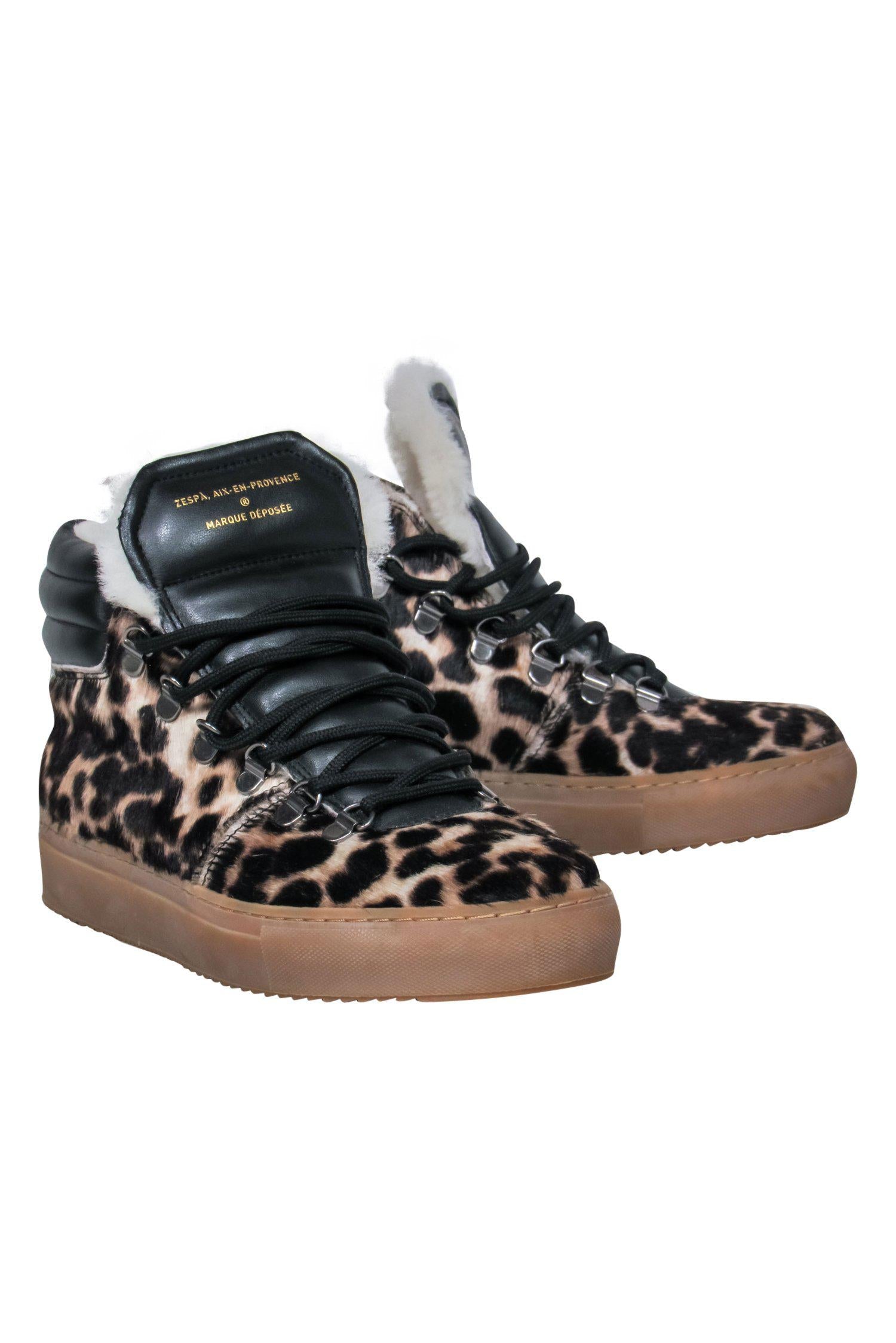 Zespa - Stunning Beige & Black Leopard Print Calf Hair & Leather Lace - Up High Top Sneakers with Shearling Trim, Size 7.5