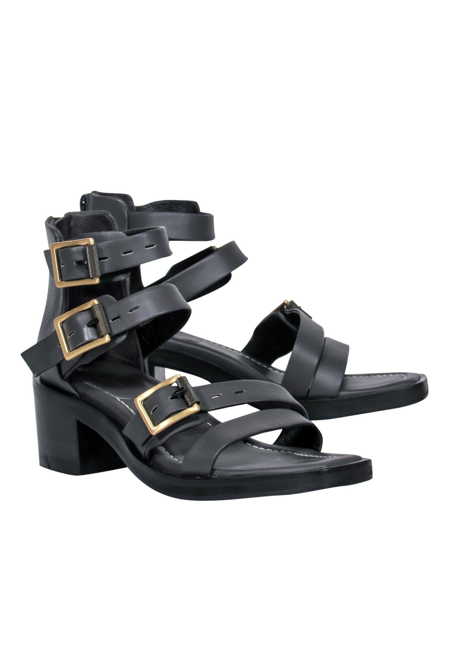 Rag & Bone Dark Grey Leather Buckled Heeled Sandals - Size 6.5