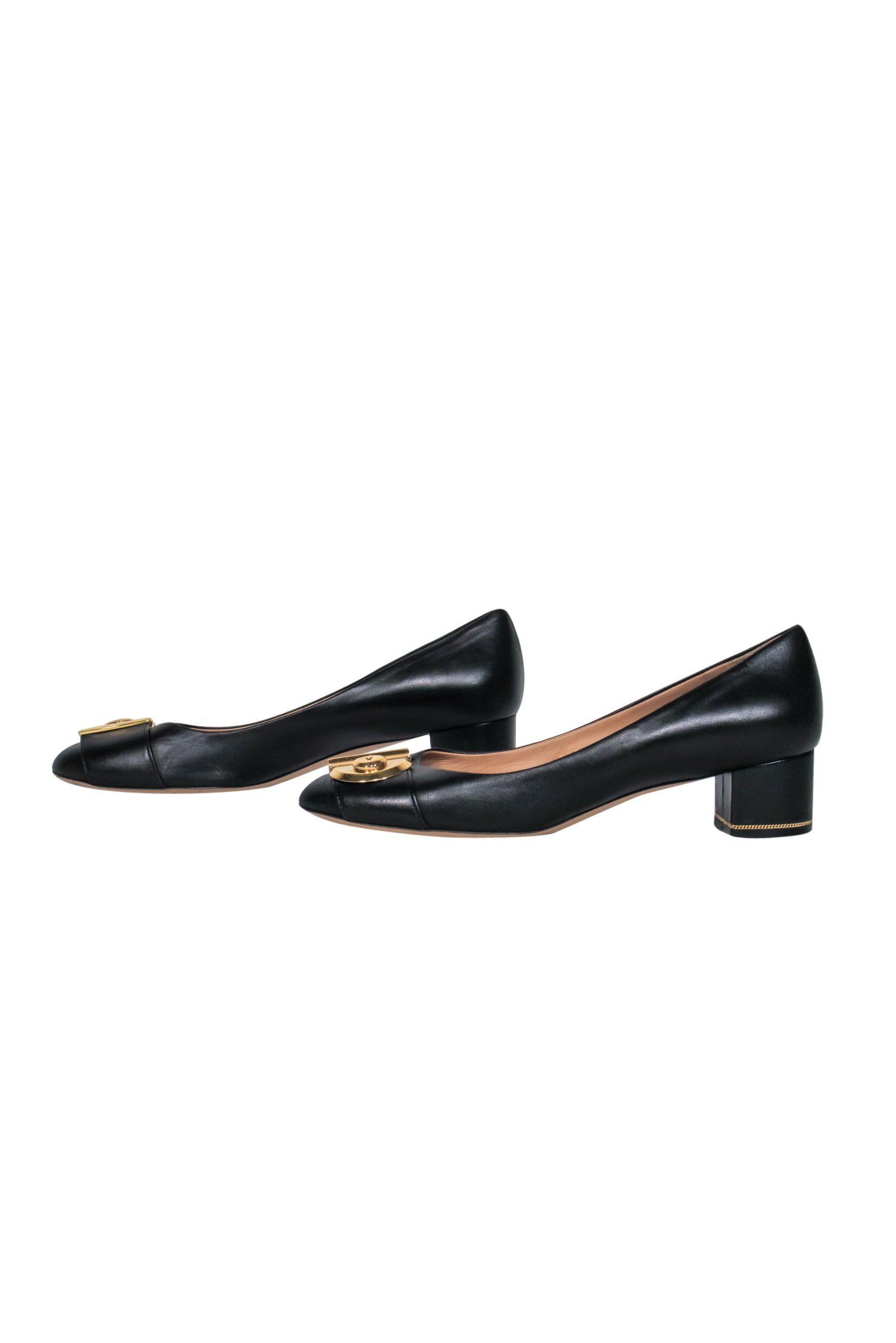 Ferragamo's Stunning Black Leather Block Heeled Pumps with Gold Lock - Size 8