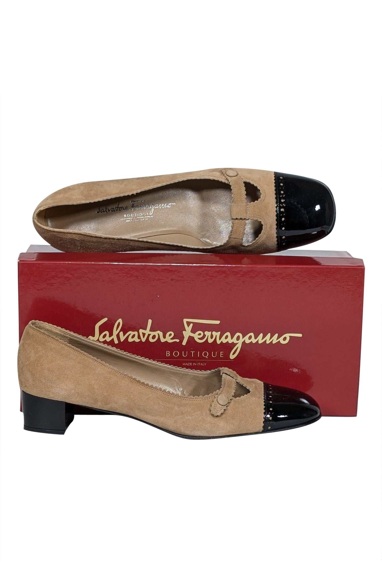 Ferragamo Beige Suede Pumps with Black Patent Leather Toe & Heel - Size 9.5