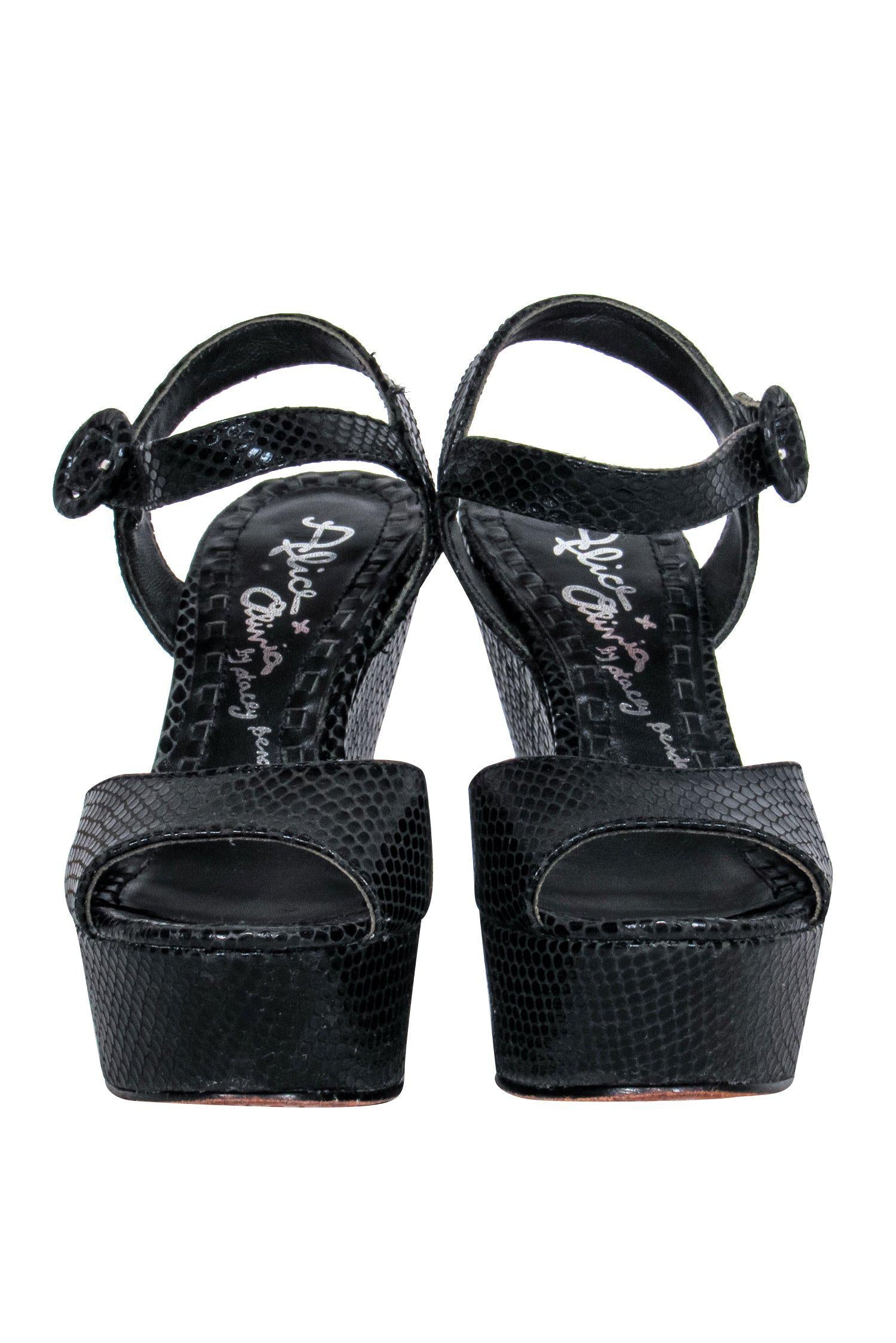 Alice & Olivia's Alluring Black Snakeskin Embossed Peep Toe Wedges - Size 6.5