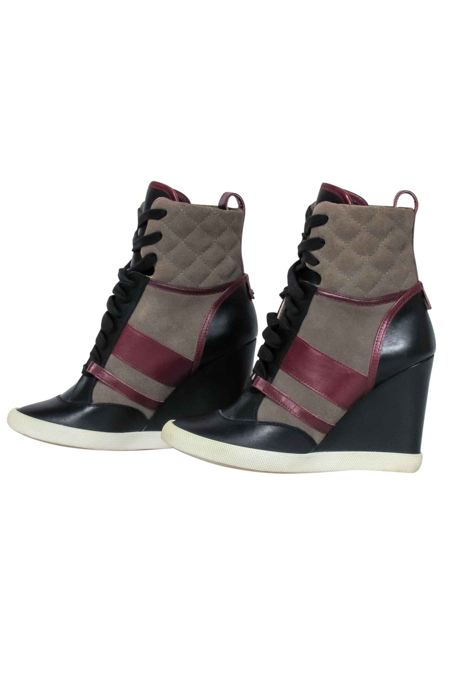 Chloe - Stunning Green, Maroon & Black Leather & Quilted Suede Wedge Sneakers Size 8.5