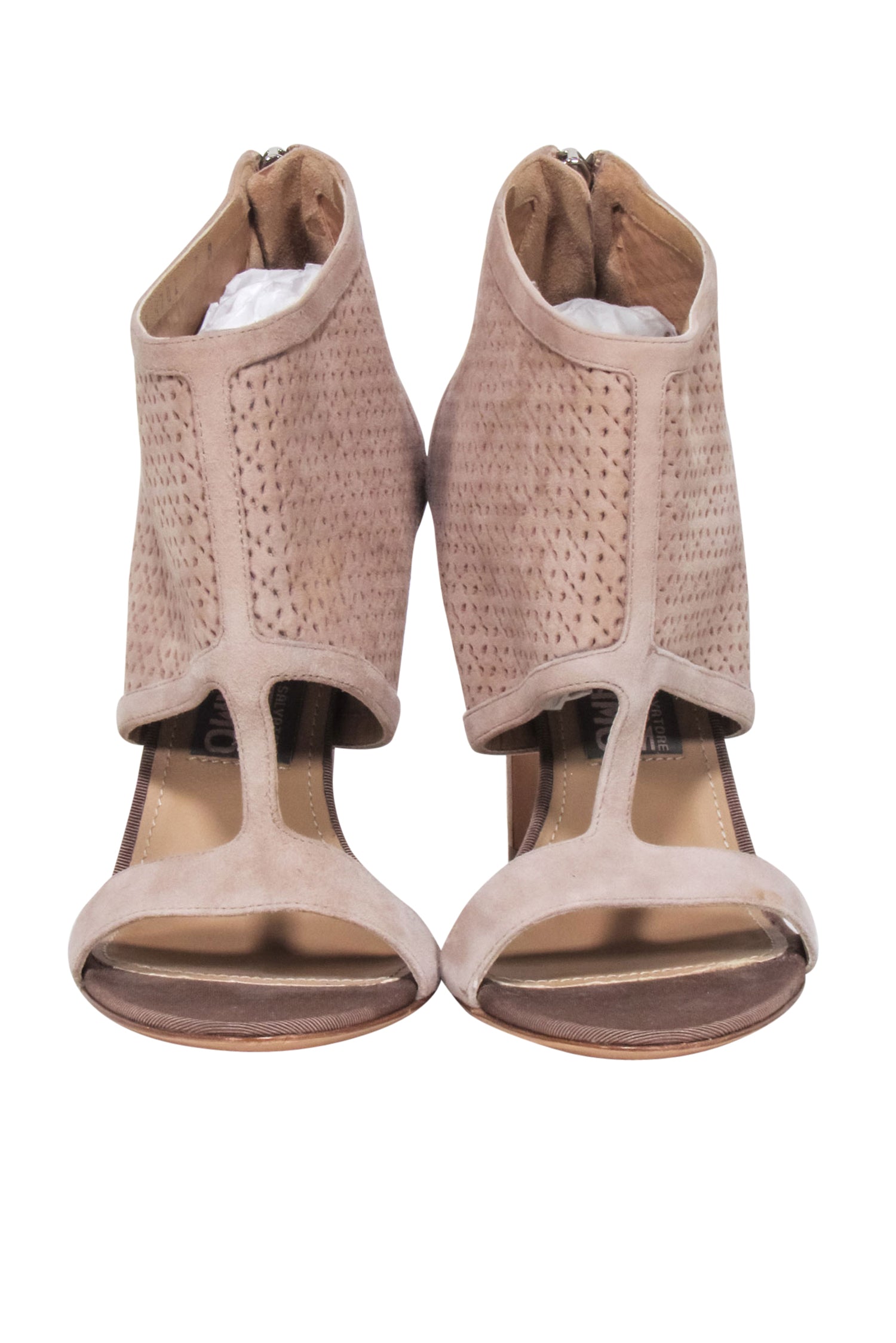 Ferragamo Beige Suede Laser - Cut Elegant Open - Toe Pumps in Size 7