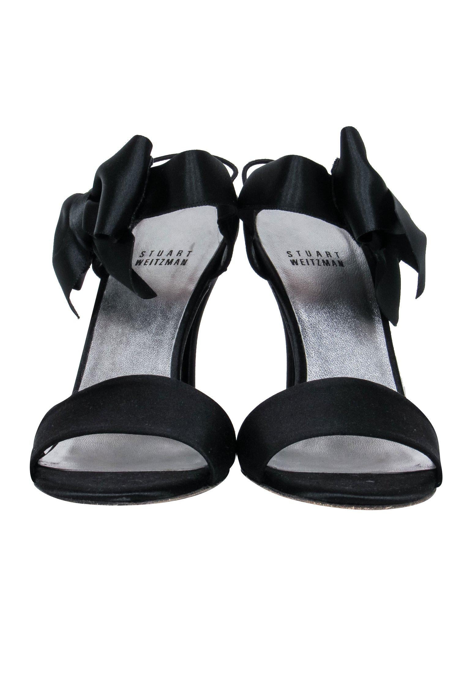 Stuart Weitzman Black Satin Strappy Bow Pumps - Size 8.5