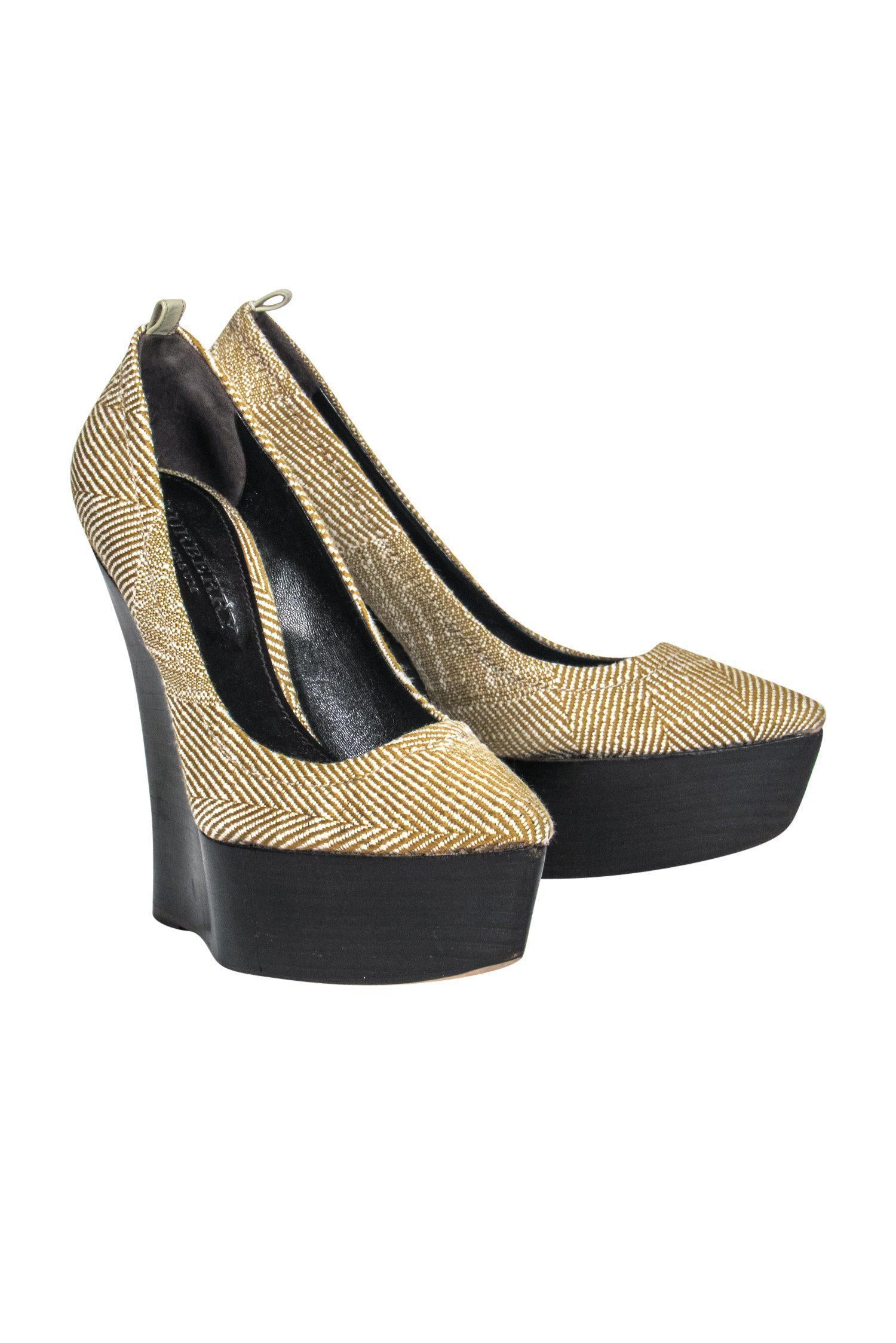 Burberry Mustard & Brown Platform Wedges - Size 7, Perfect for Island Getaways